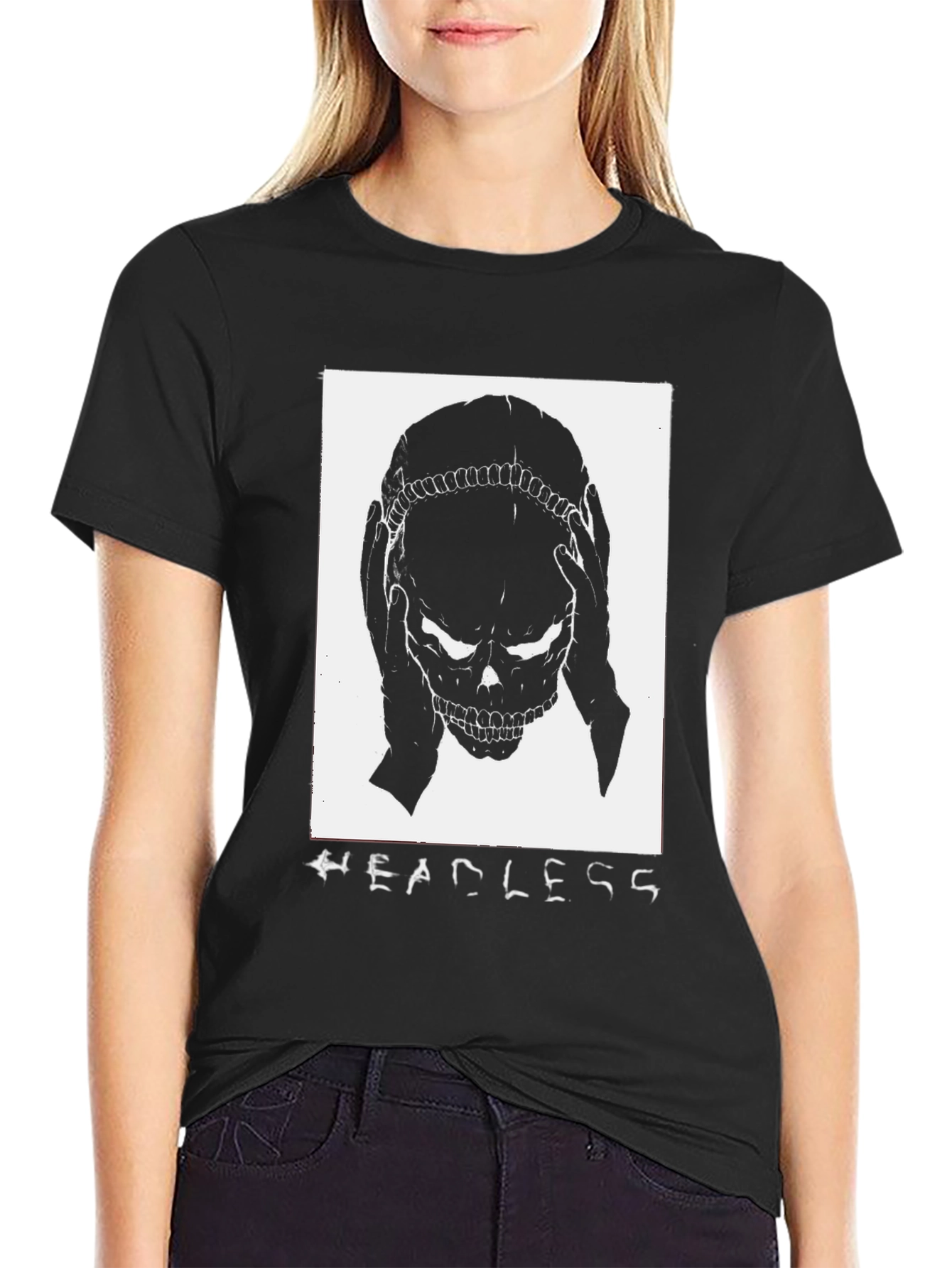 Black Headless Skull Graphic Tee - Black Cotton T-Shirt view 2