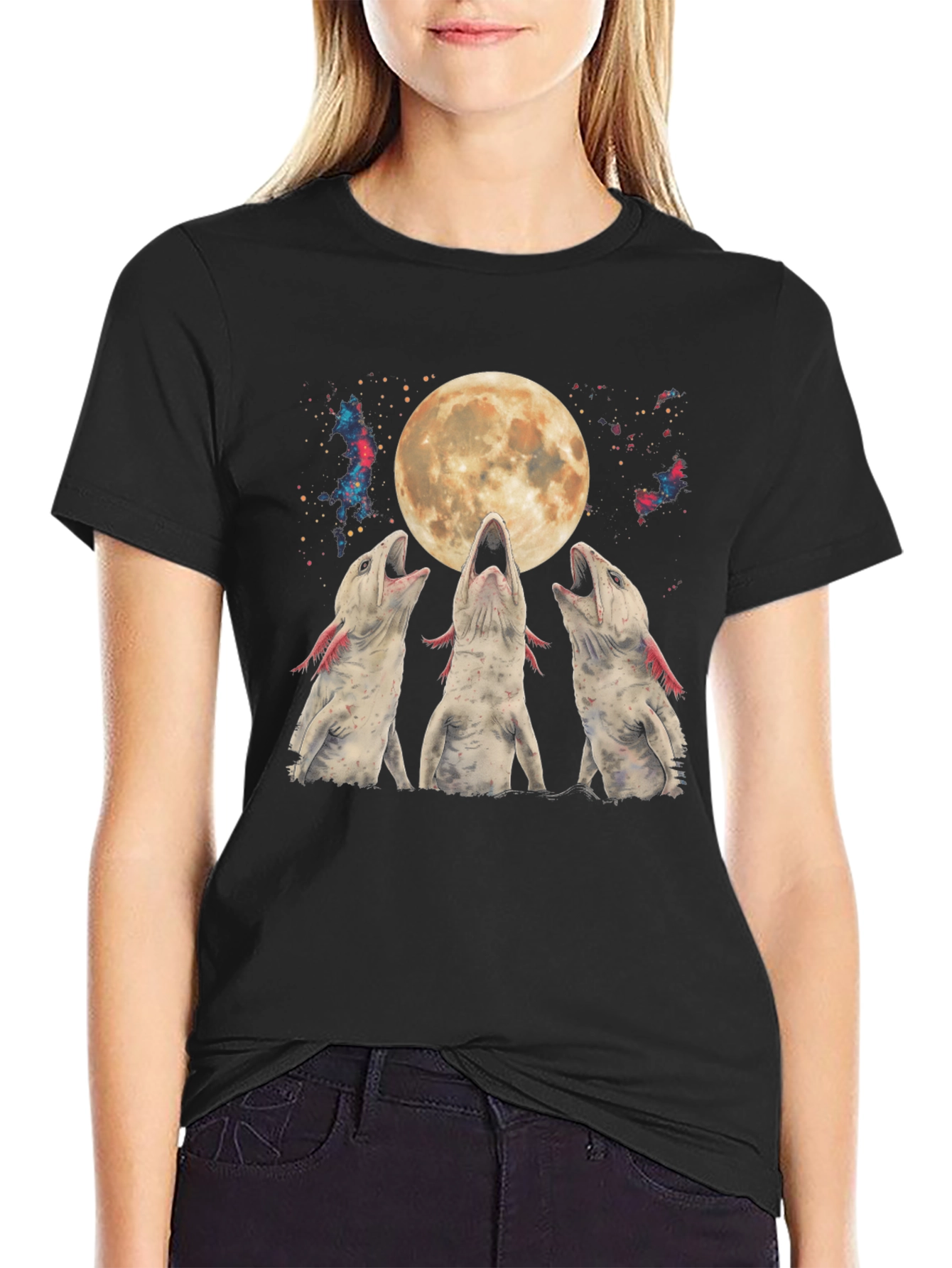 Black Axolotl Moon T-Shirt - Galaxy Howling Amphibian Tee view 2