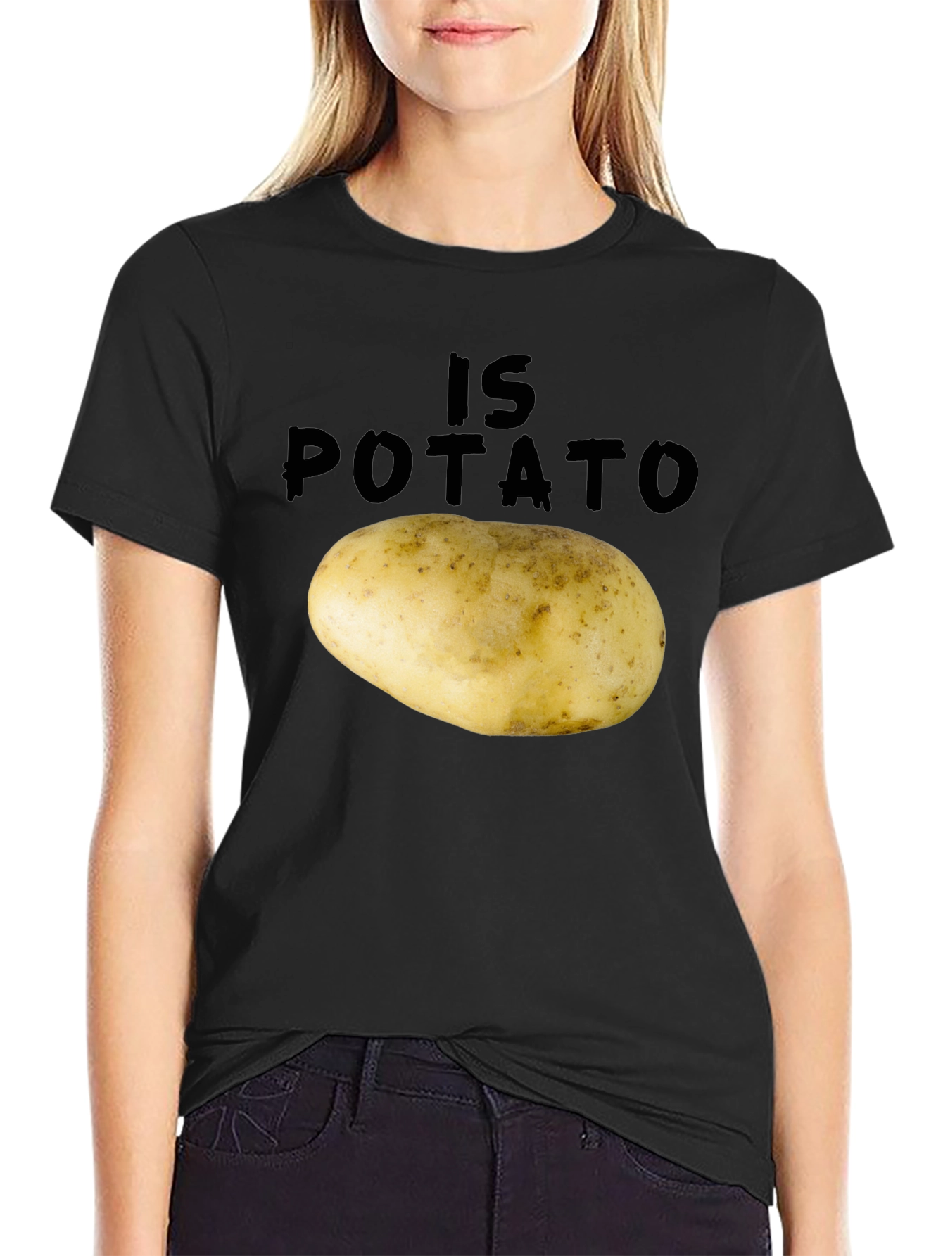 Black Funny "Is Potato" Graphic Tee - Black view 2