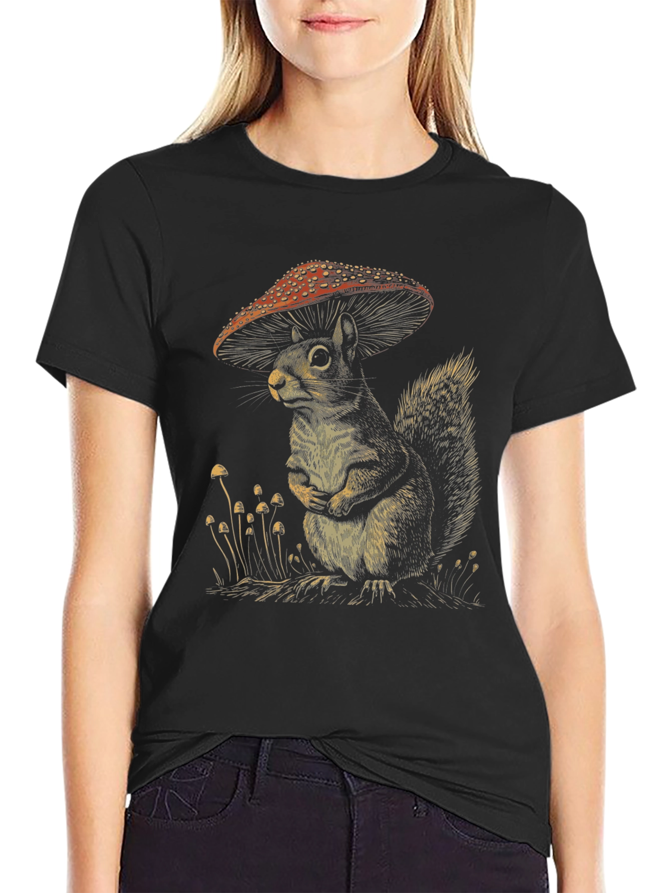 Black Mushroom Squirrel T-Shirt - Fun Graphic Tee view 2
