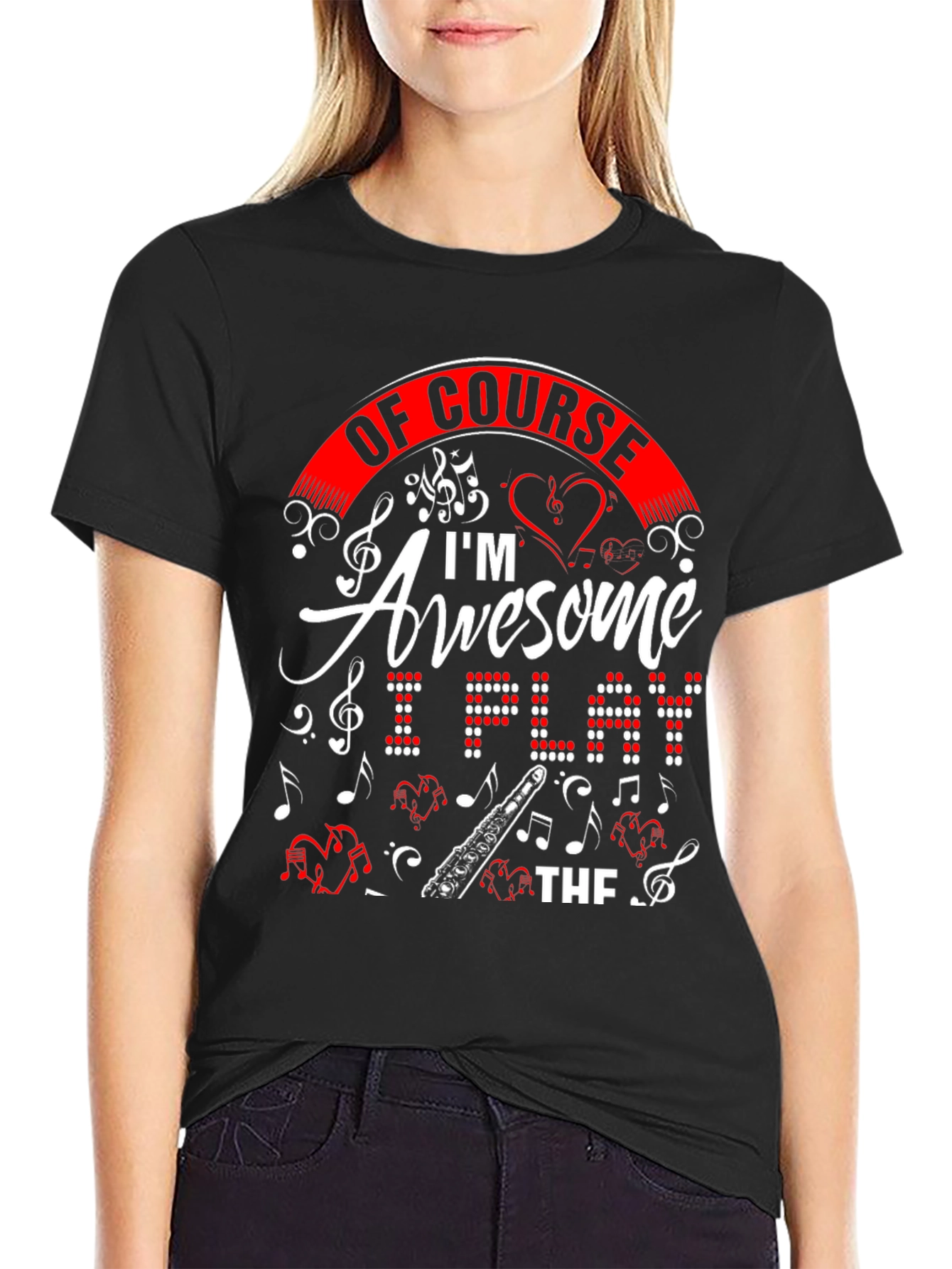 Black Awesome Flute Player T-Shirt view 2