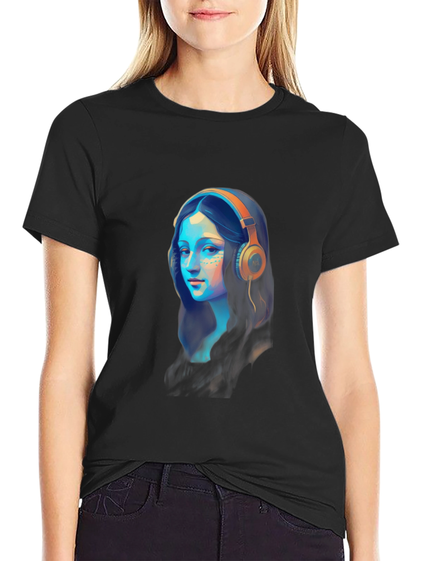 Black Mona Lisa Headphones Graphic Black T-Shirt view 2