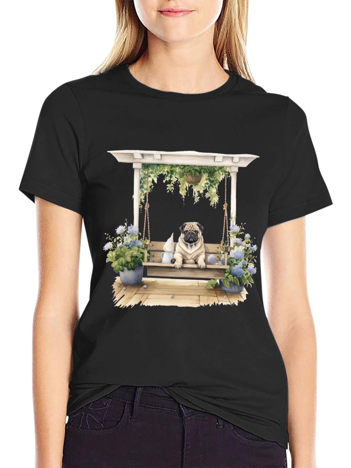 Black Pug on Swing T-Shirt - Unique Dog Lover Gift view 2