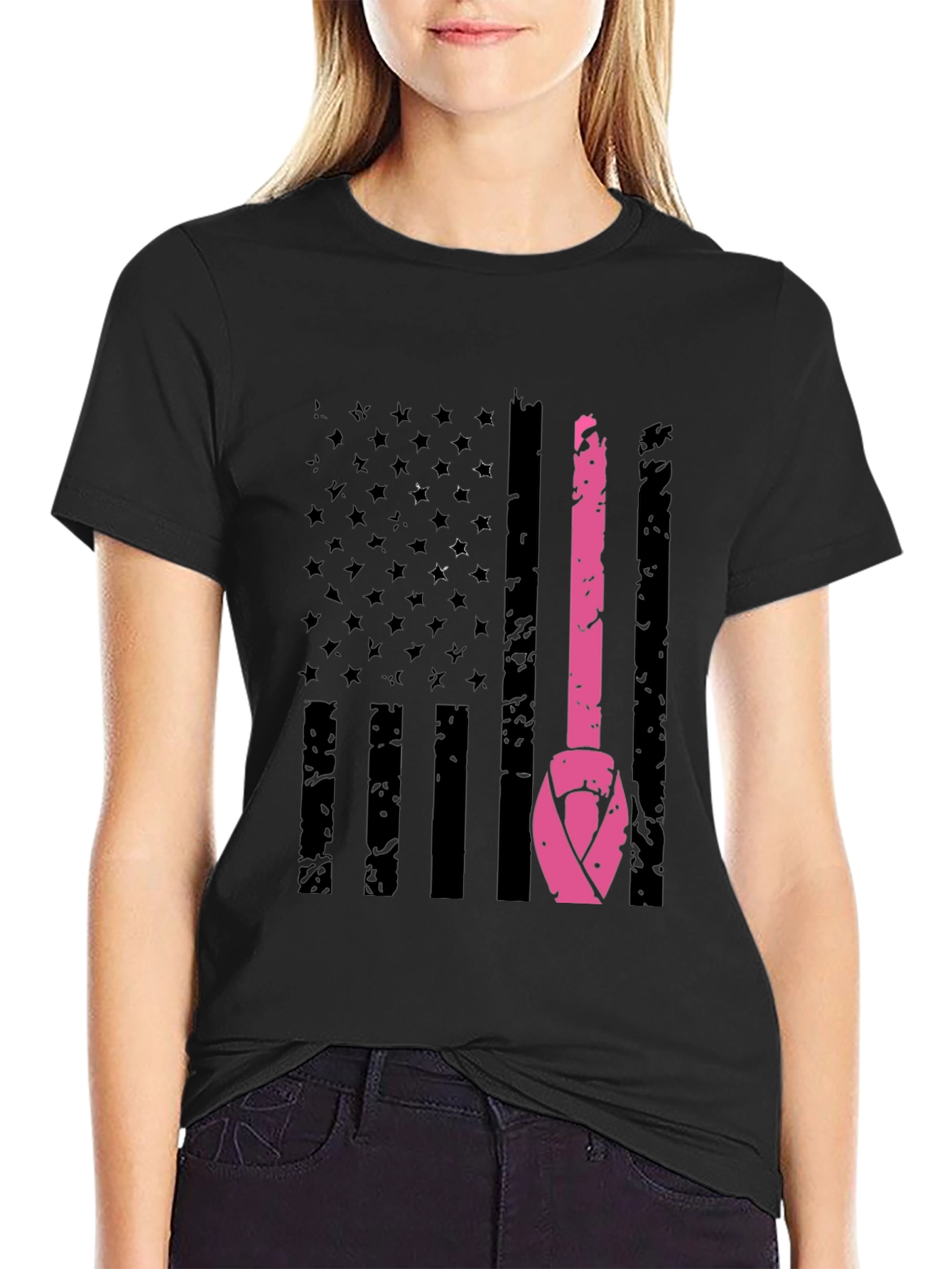 Black Breast Cancer Awareness US Flag T-Shirt view 2