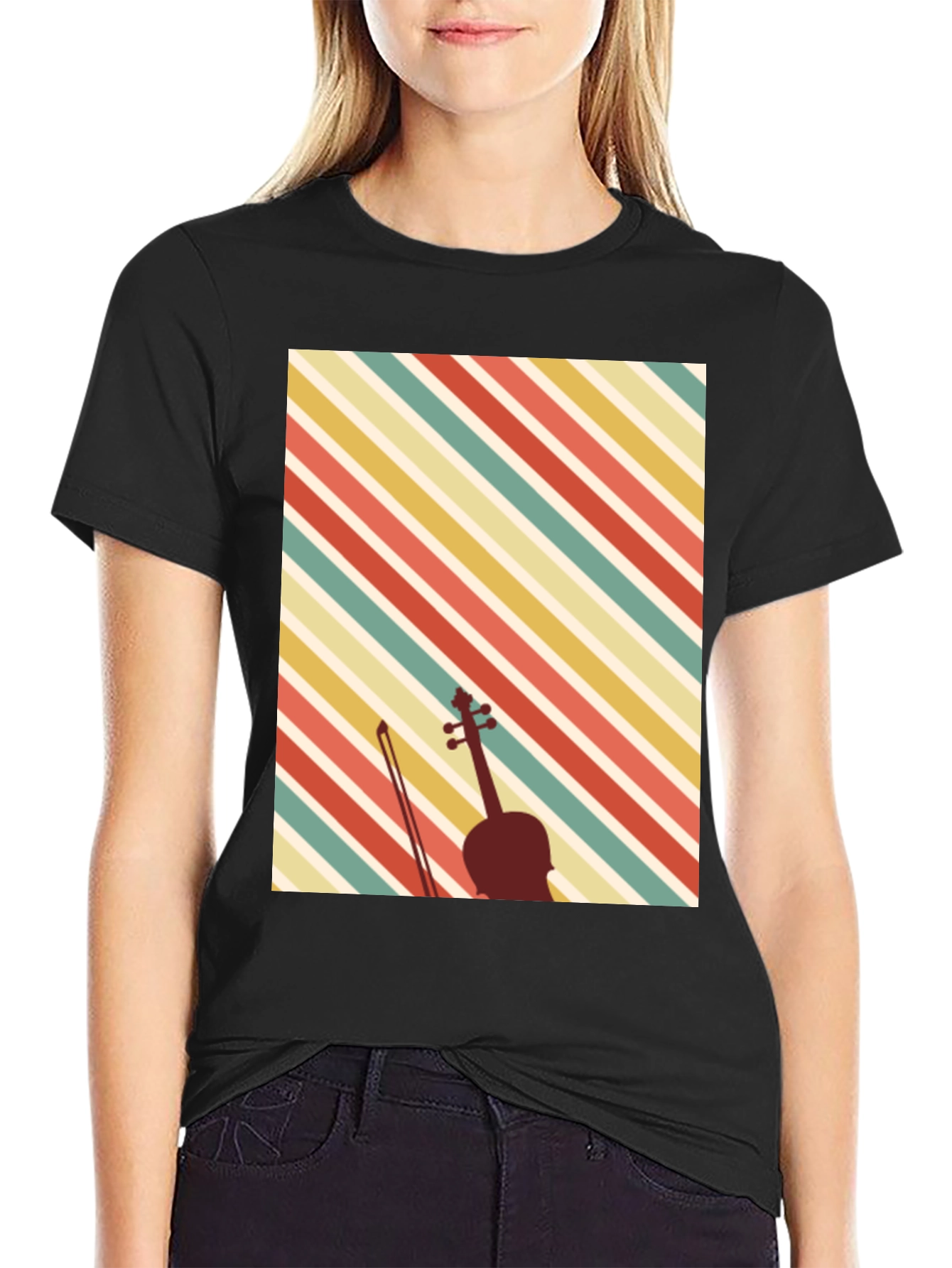 Black Retro Violin Graphic Tee - Vintage Style Music Lover Shirt view 2