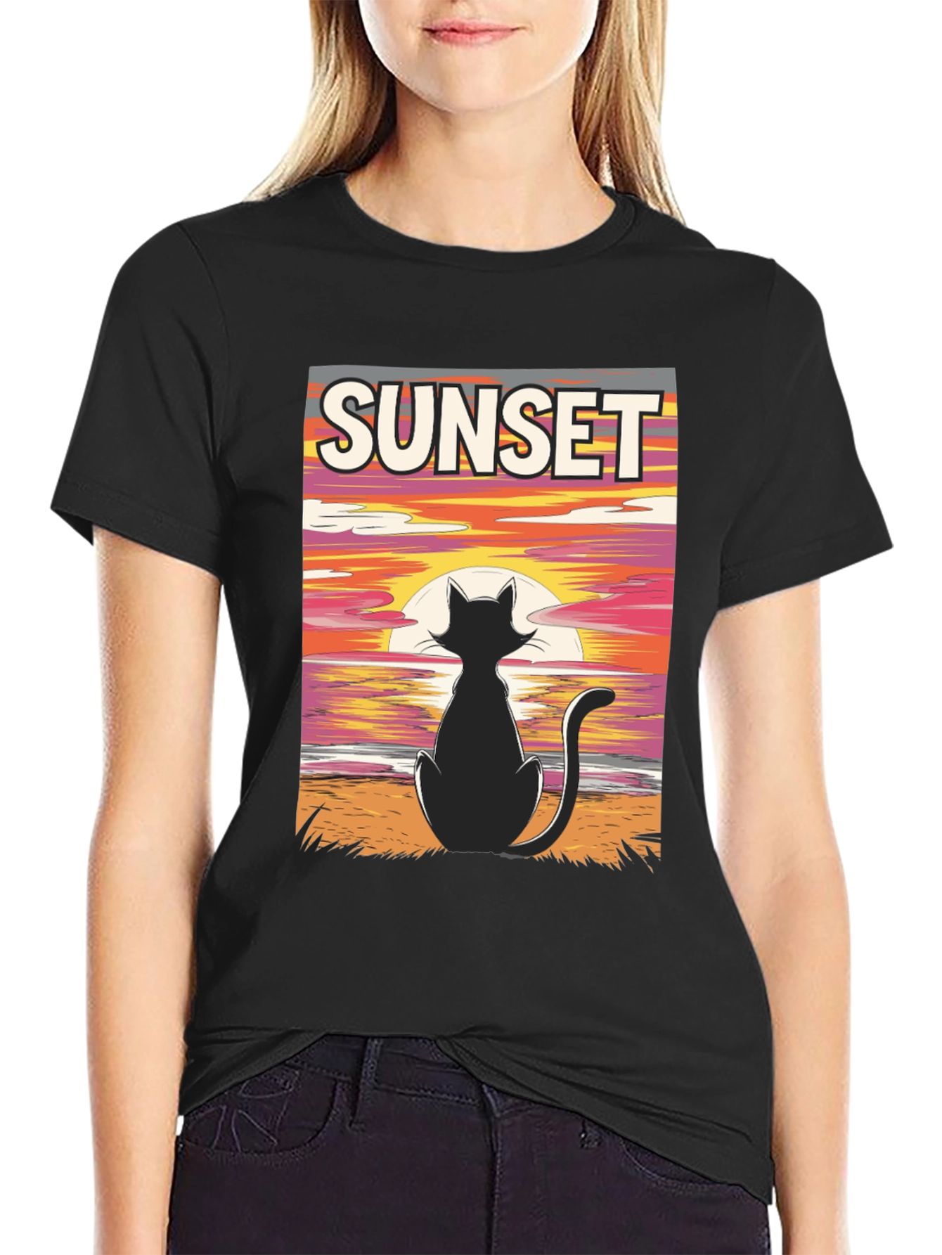 Black Sunset Cat Graphic Tee - Stylish Black T-Shirt view 2