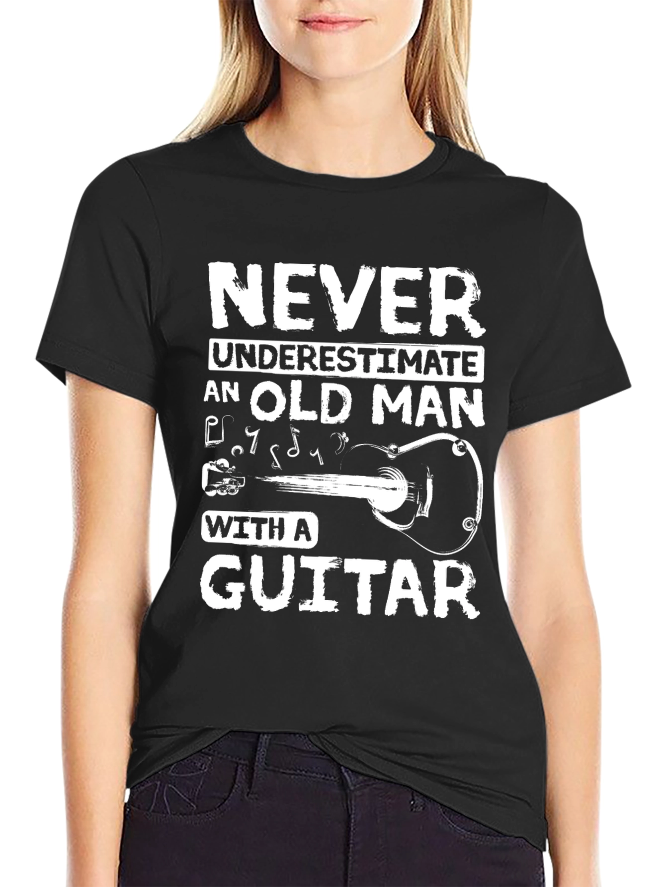 Black Never Underestimate Old Man Guitar Black T-Shirt view 2