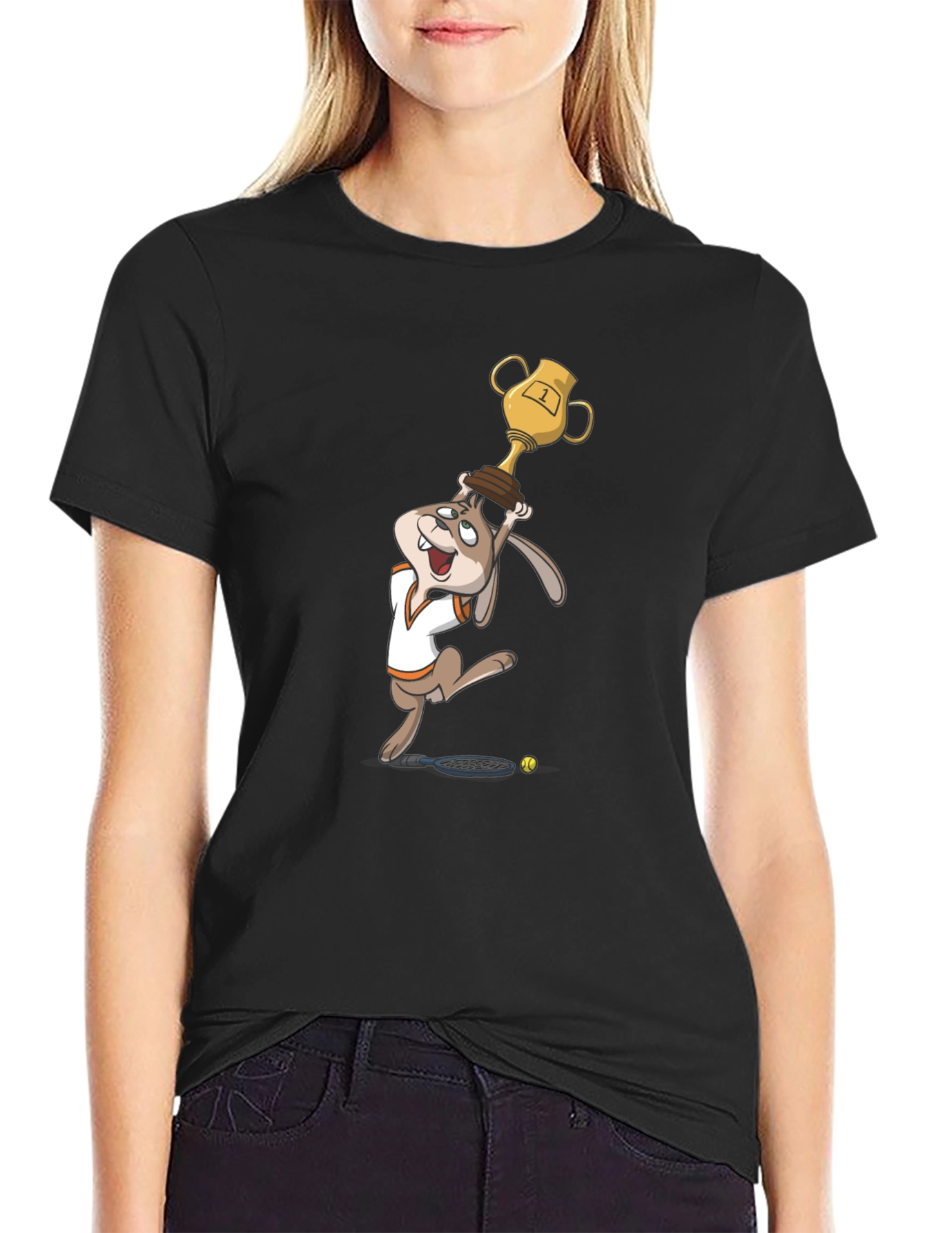 Black Cartoon Rabbit Tennis Champ Graphic Tee view 2