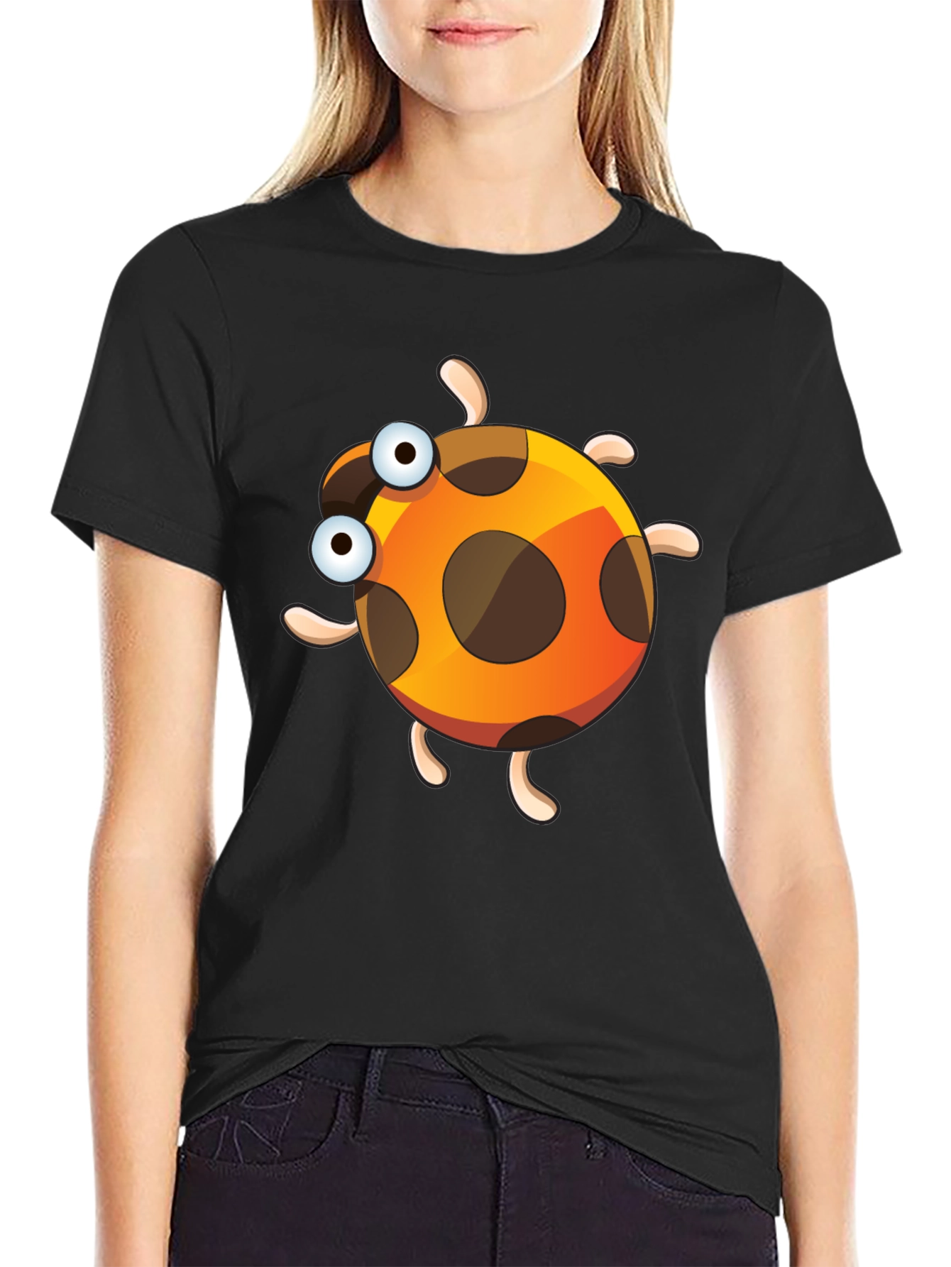 Black Cartoon Ladybug Graphic Tee - Fun & Unique Design view 2