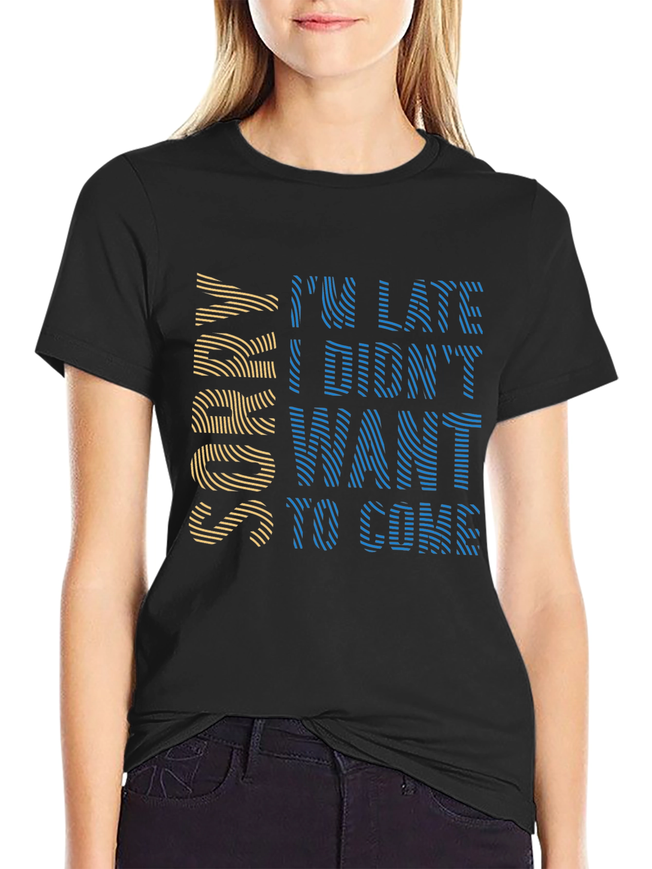 Black Funny I'm Late Graphic Tee - Soft Black Cotton T-Shirt view 2