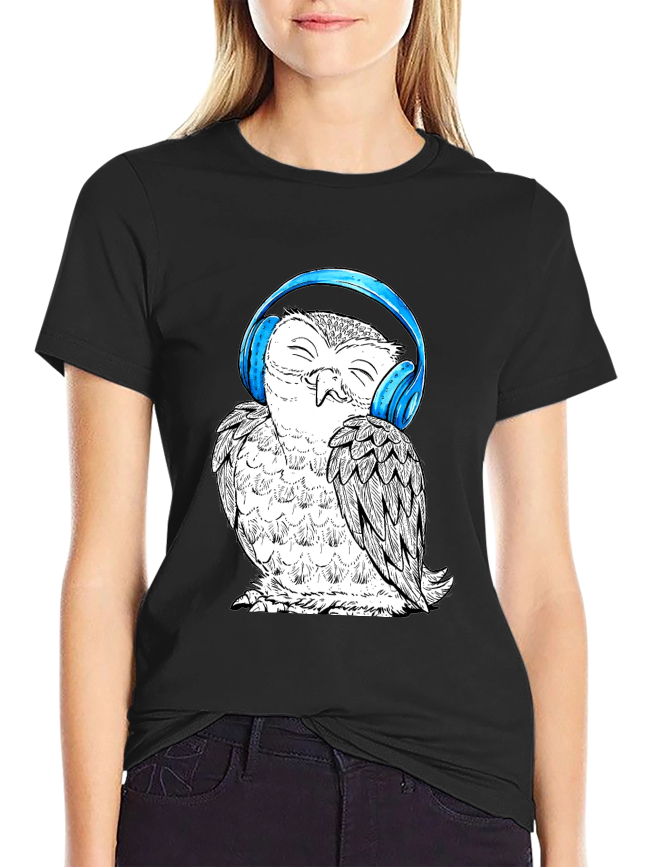 Black Owl with Headphones Graphic Tee - Black Cotton T-Shirt view 2