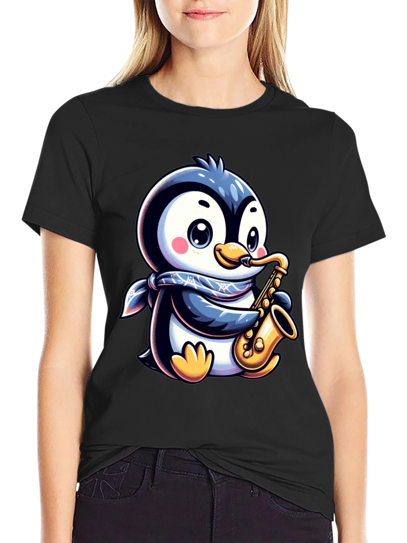 Black Penguin Sax Player T-Shirt - Unique Graphic Tee view 2