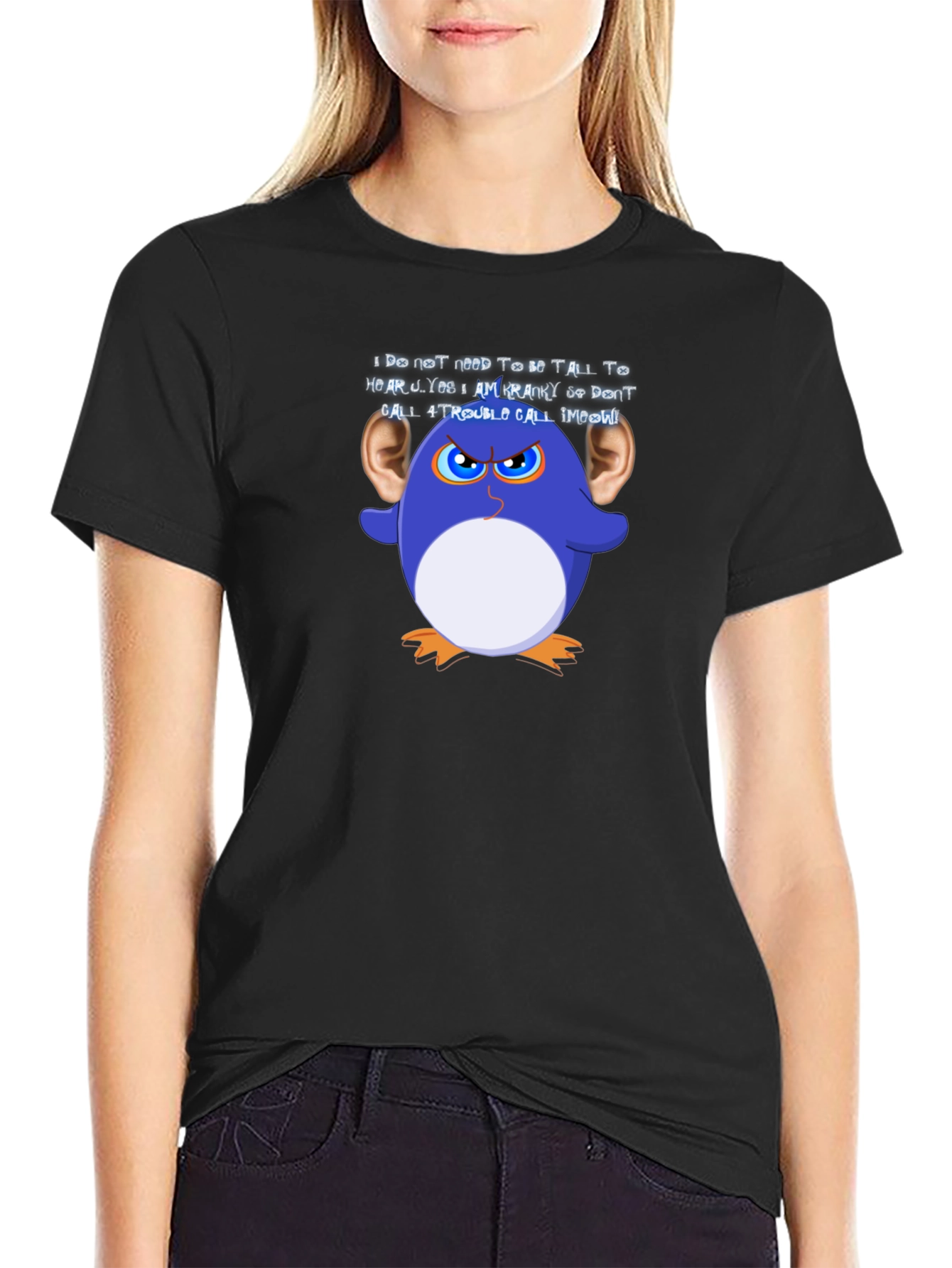 Black Funny Graphic T-Shirt: Cranky Cartoon Penguin view 2