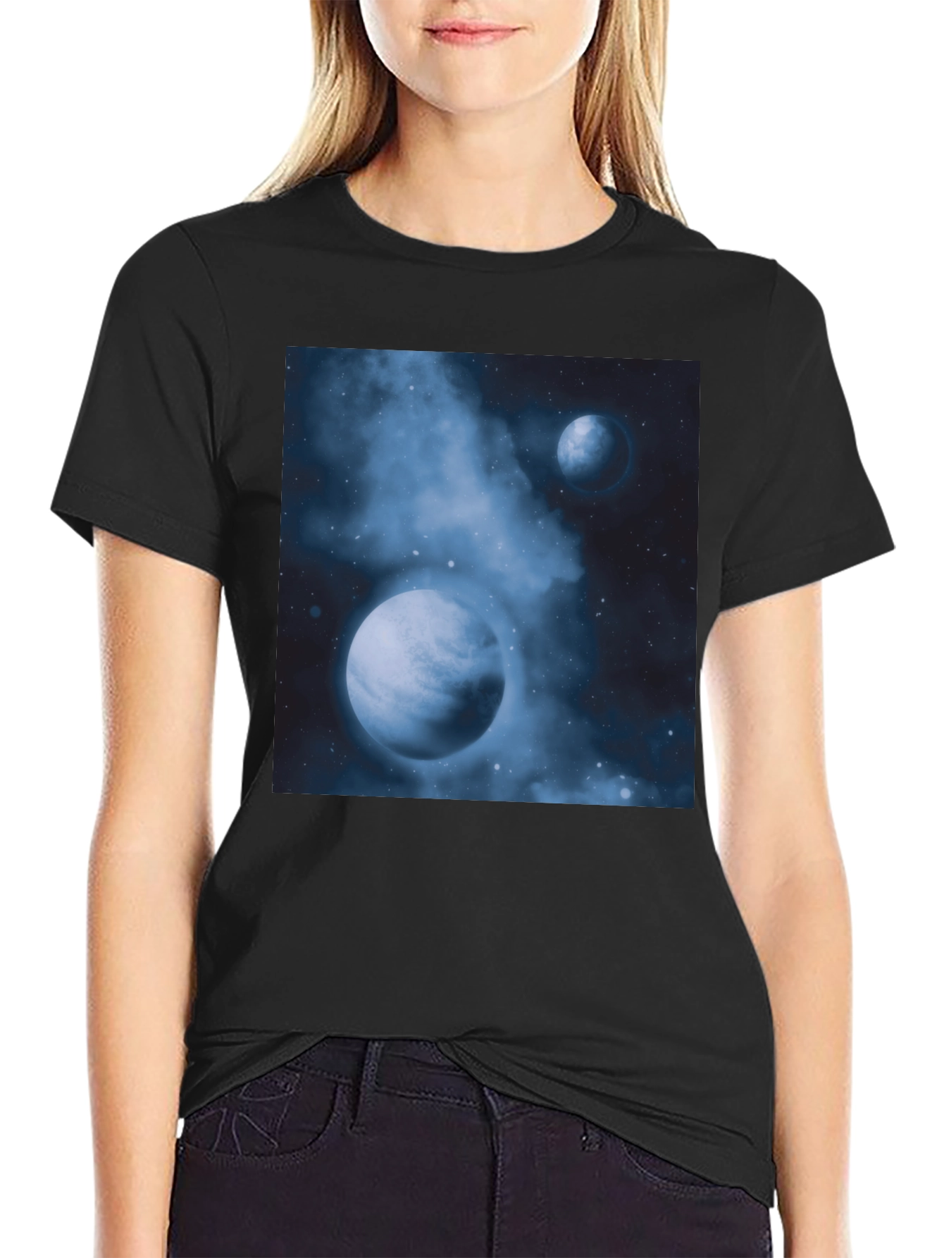 Black Nebula Planets Graphic Tee - Cosmic Black Cotton T-Shirt view 2
