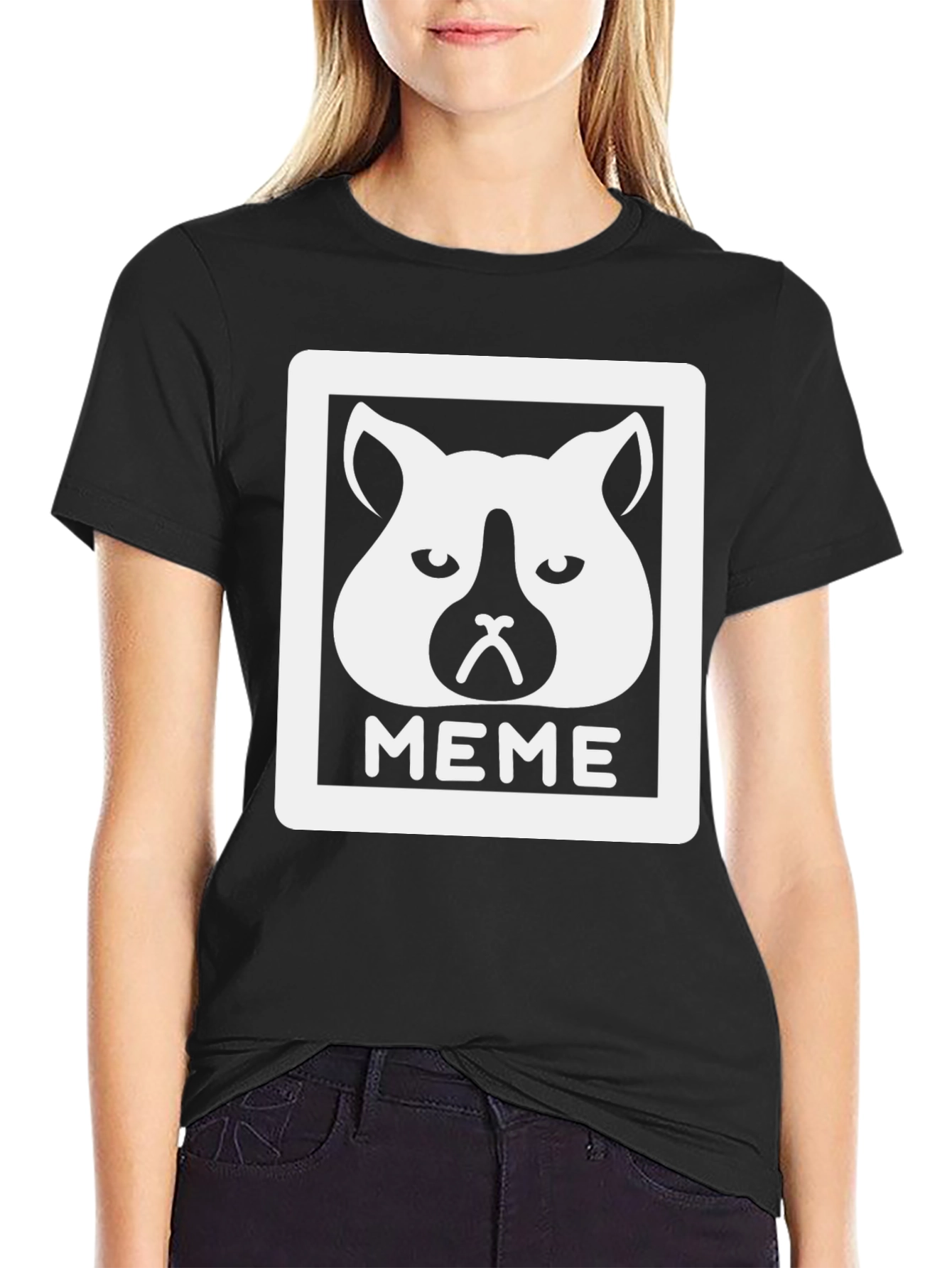 Black Meme Cat Graphic Tee - Cool Black T-Shirt view 2