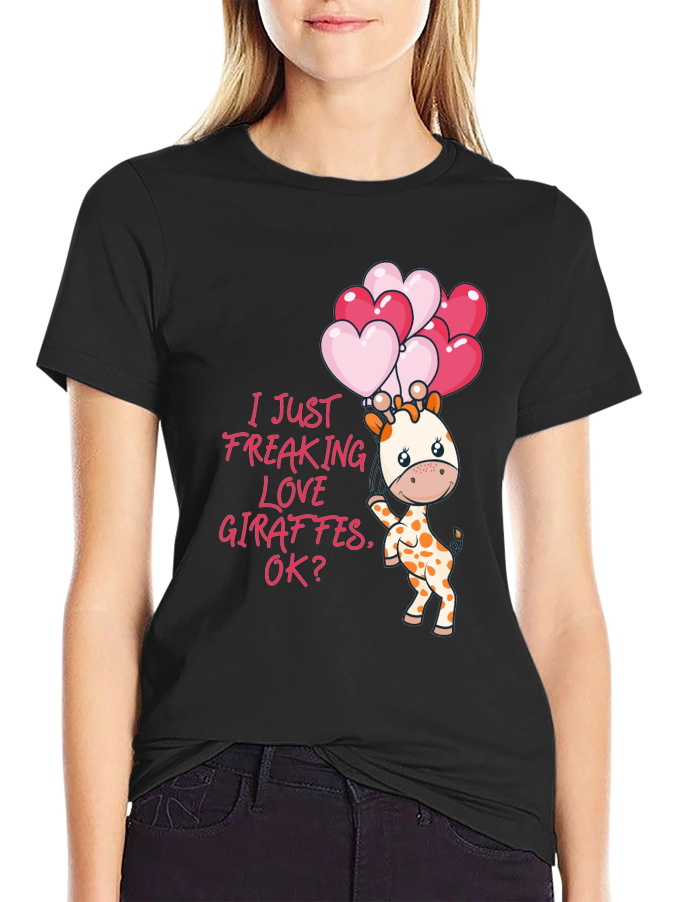 Black Cute Giraffe & Heart Balloons Graphic Tee view 2