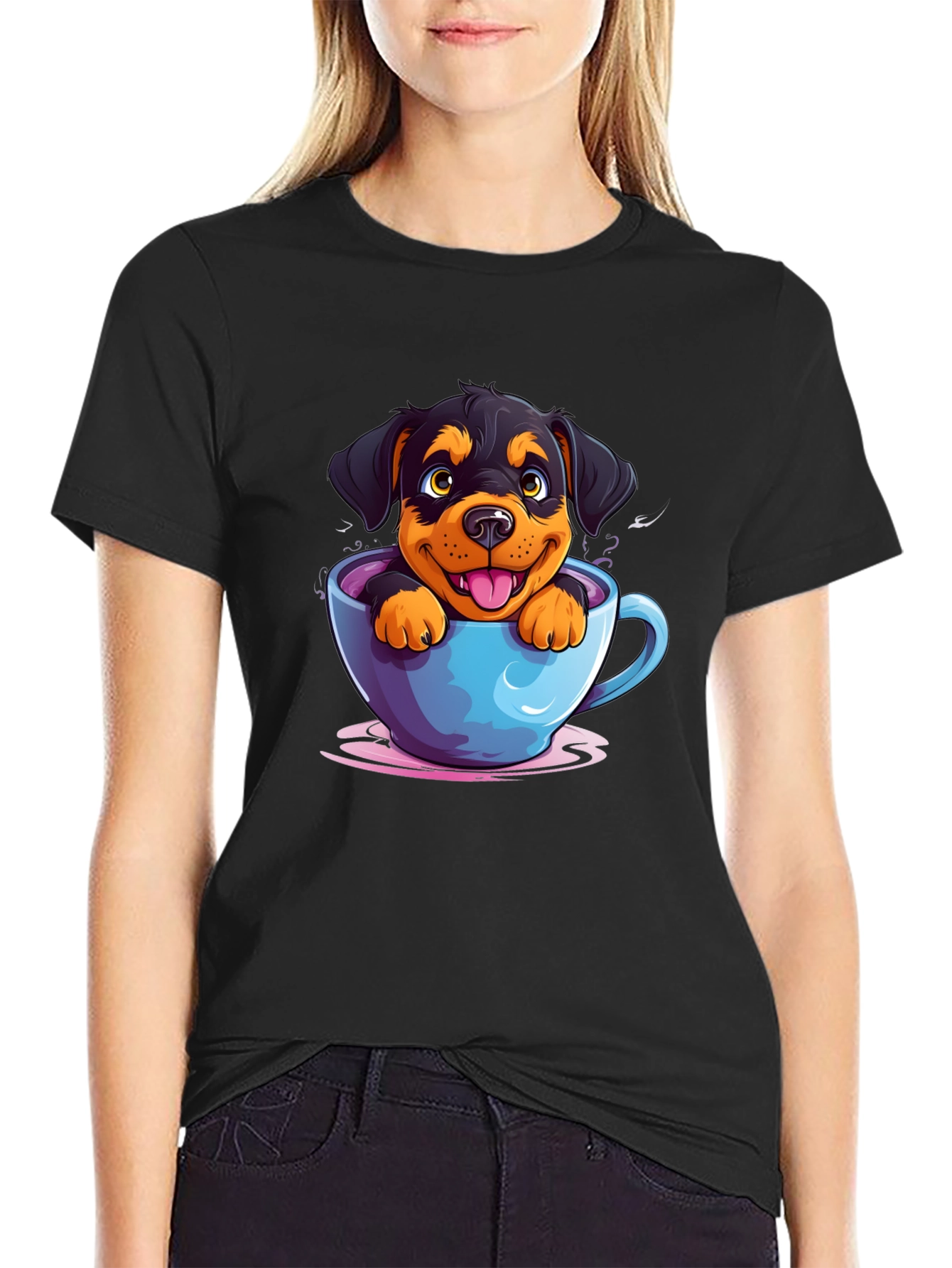 Black Cute Dog in Cup T-Shirt - Cartoon Rottweiler view 2
