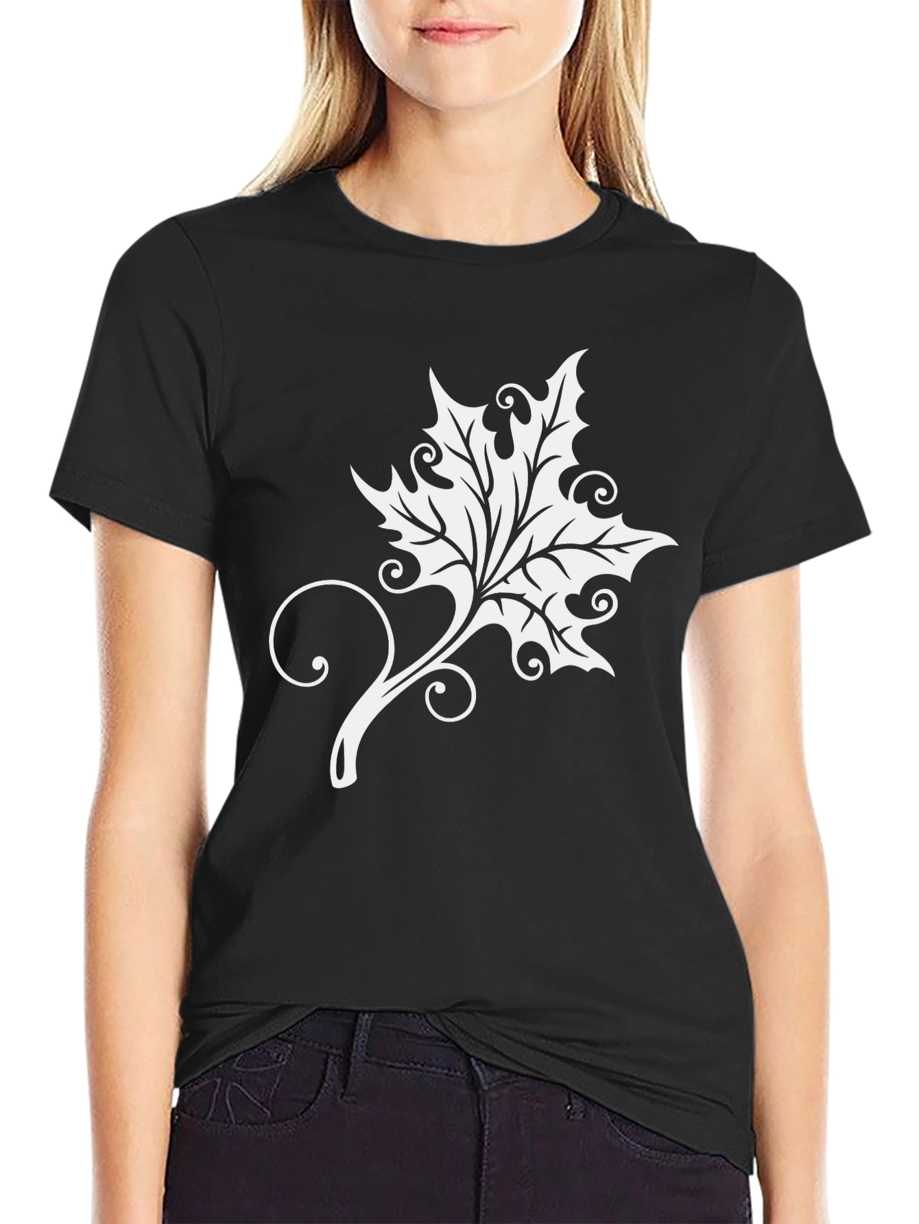 Black Elegant Leaf Graphic Tee - Soft Black Cotton Blend view 2