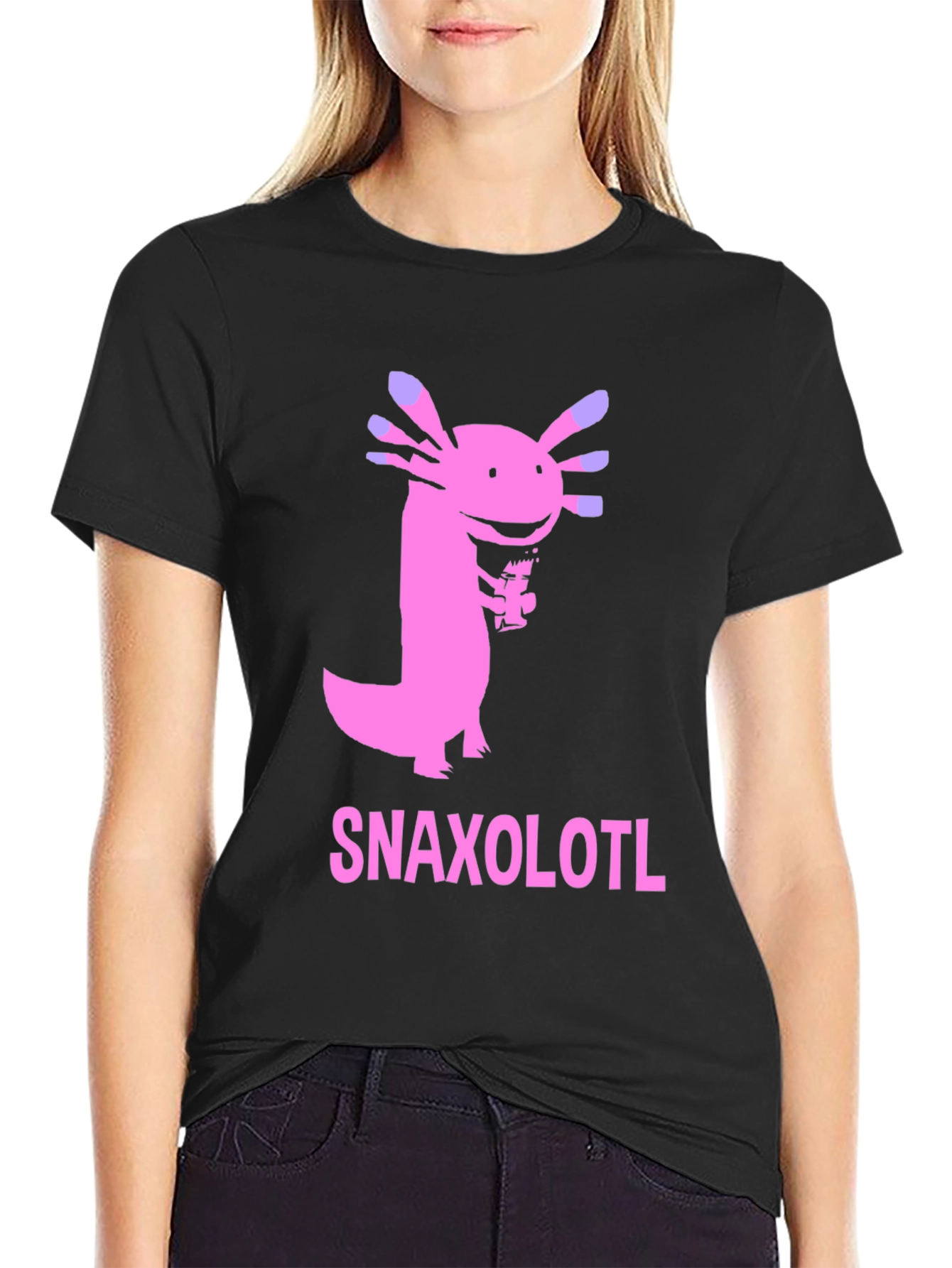 Black Snaxolotl Black T-Shirt - Funny Axolotl Snack Design view 2