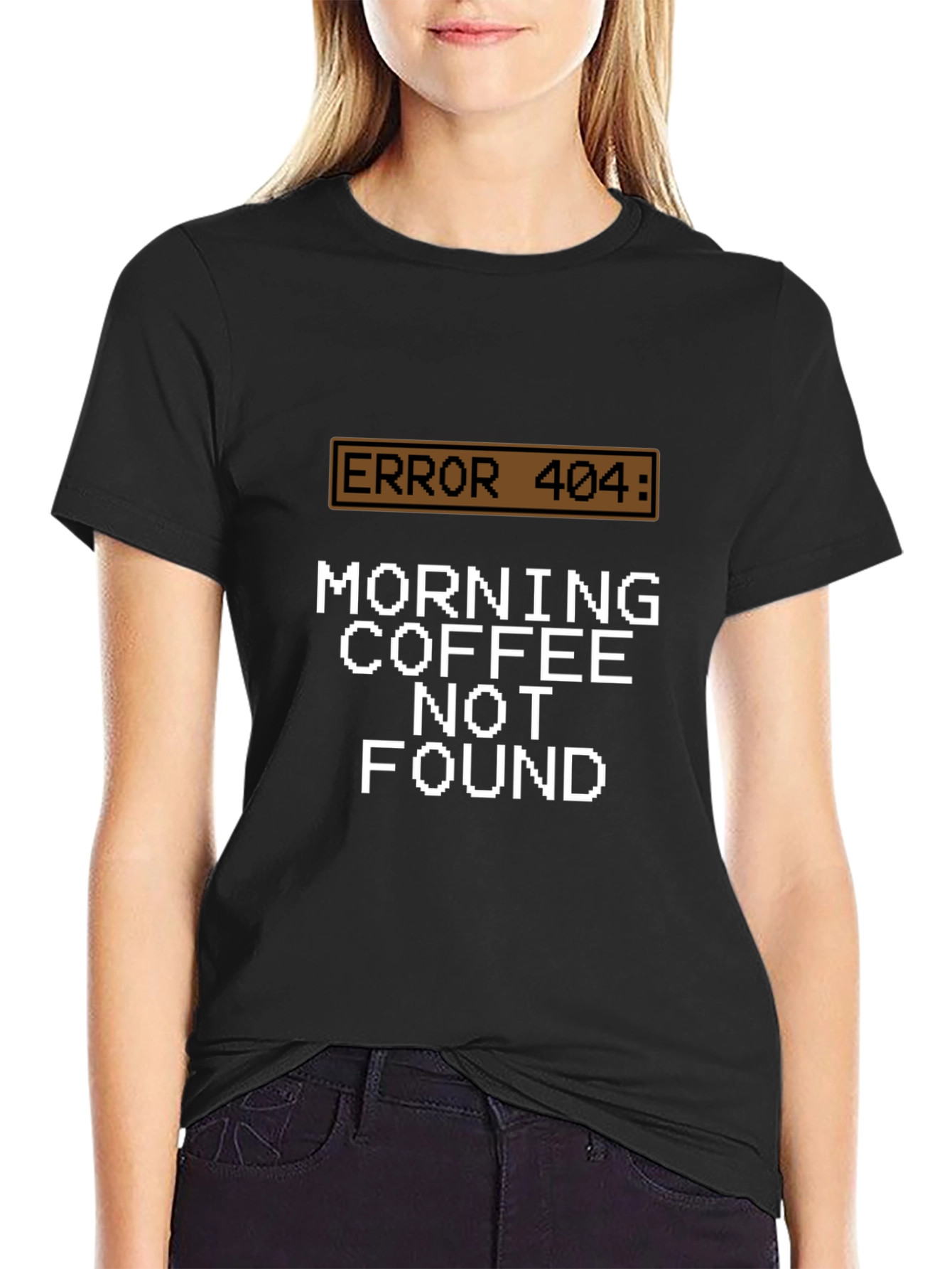 Black Error 404 Morning Coffee Not Found Black T-Shirt view 2
