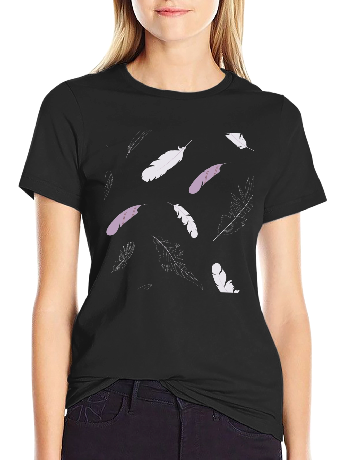 Black Feather Print Black Crew Neck T-Shirt view 2