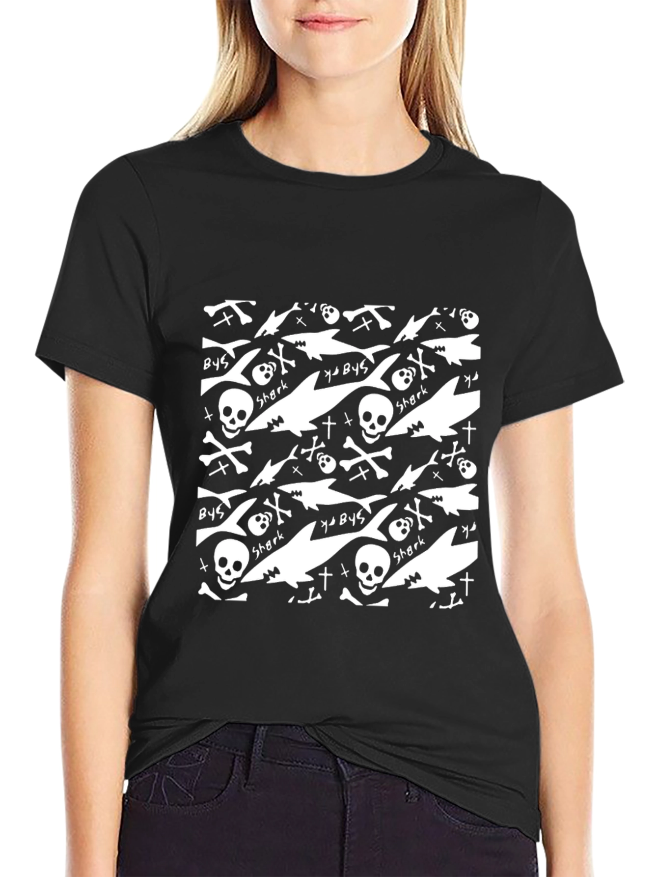 Black Shark Skull Print Black T-Shirt view 2