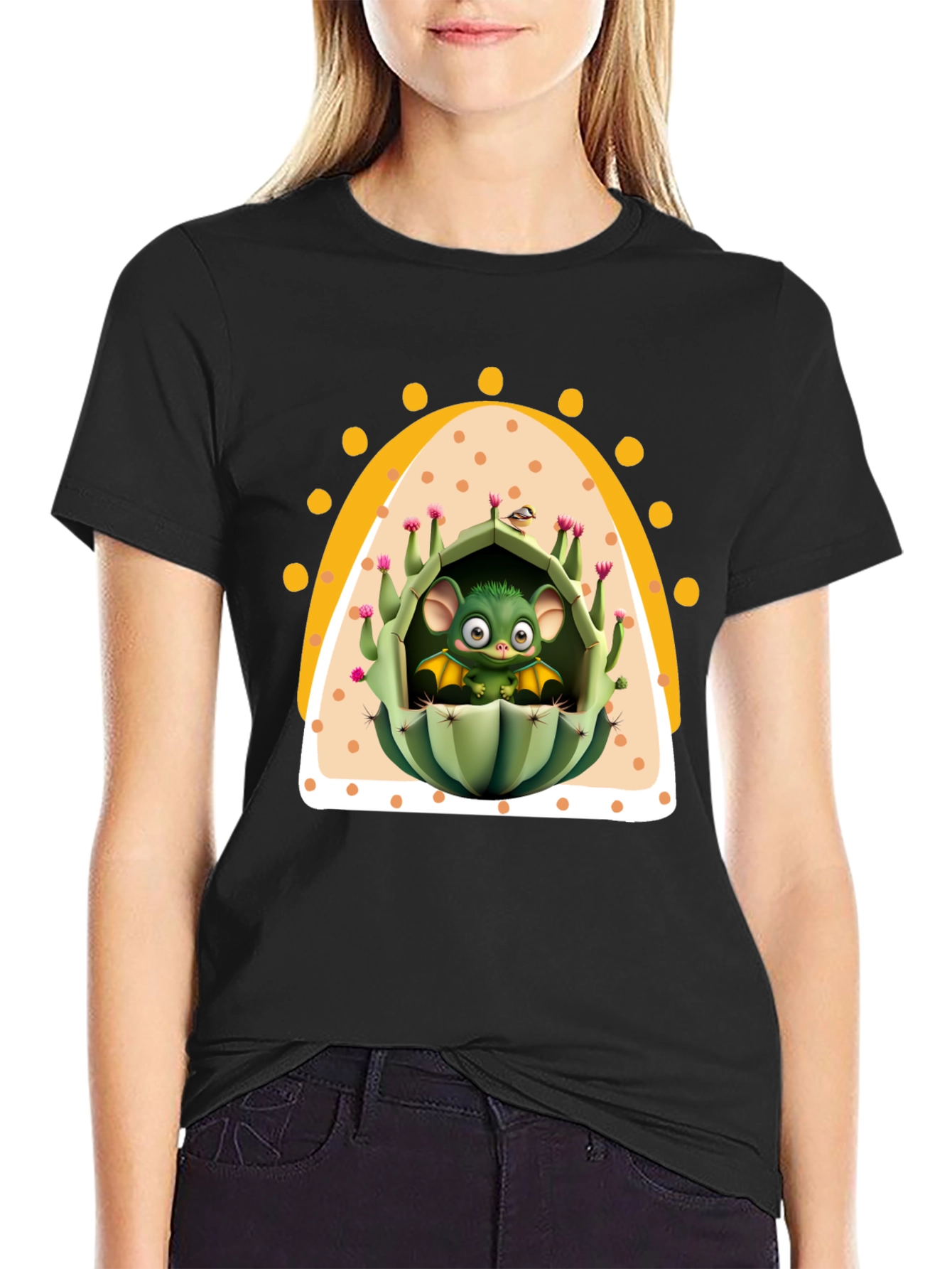 Black Cute Cactus Bat T-Shirt - Unique Graphic Tee view 2