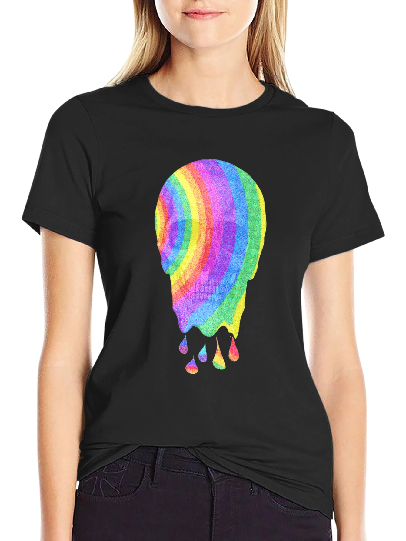 Black Rainbow Melting Skull Graphic Tee view 2