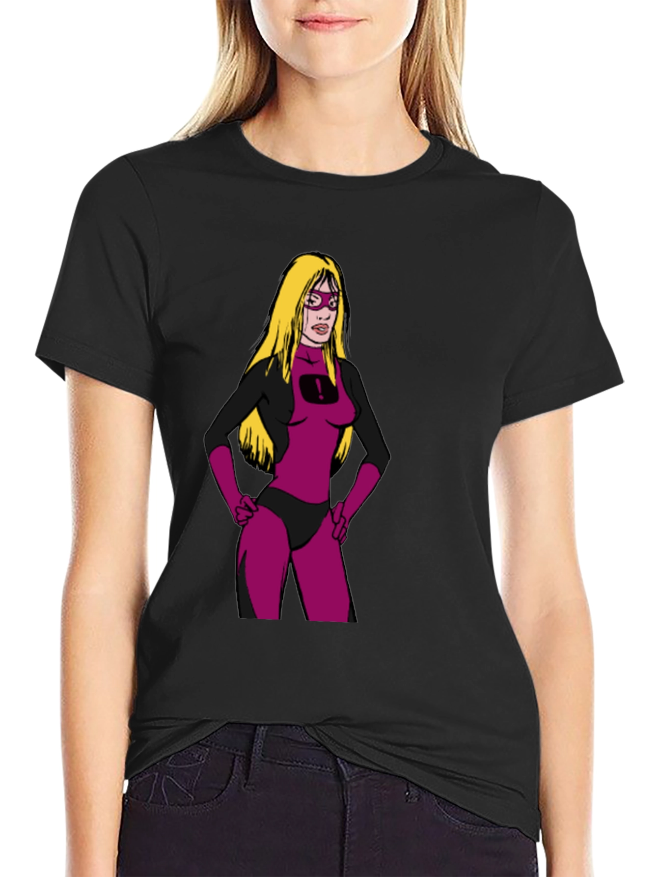 Black Cartoon Superheroine on Black T-Shirt view 2