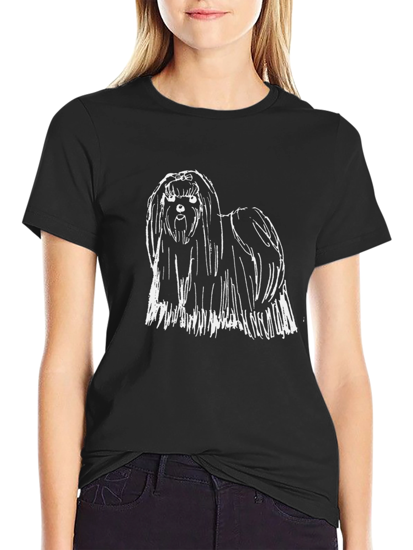 Black Shih Tzu Sketch Black T-Shirt - Cute Dog Lover Tee view 2