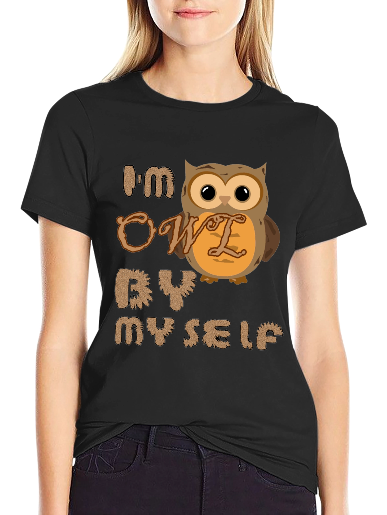 Black I'm Owl By Myself T-Shirt - Funny Novelty Tee view 2