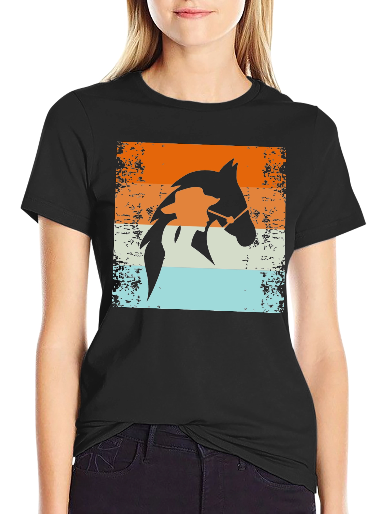 Black Retro Horse Rider T-Shirt - Equestrian Style view 2