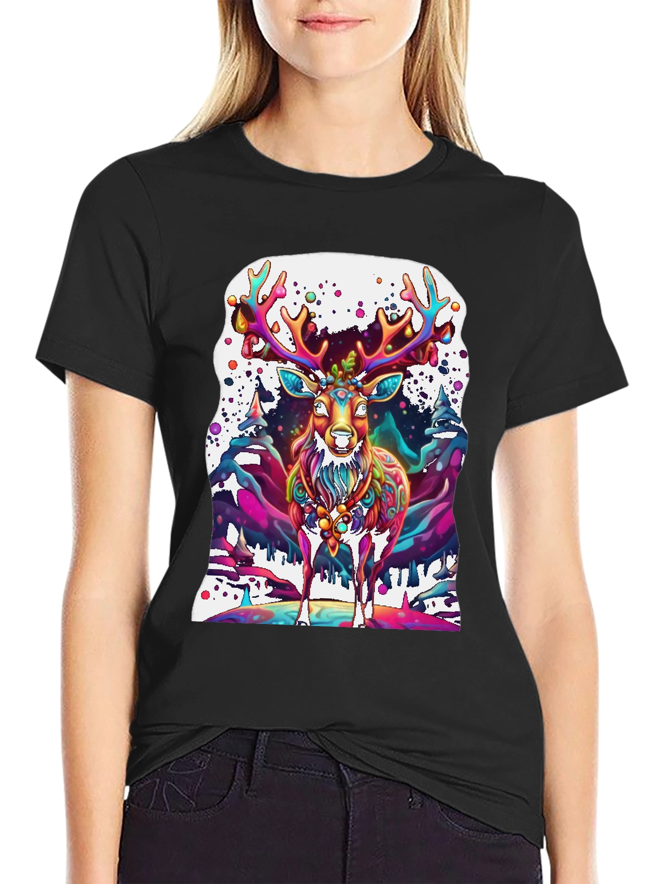 Black Psychedelic Deer Graphic Tee - Vivid Colorful Print view 2