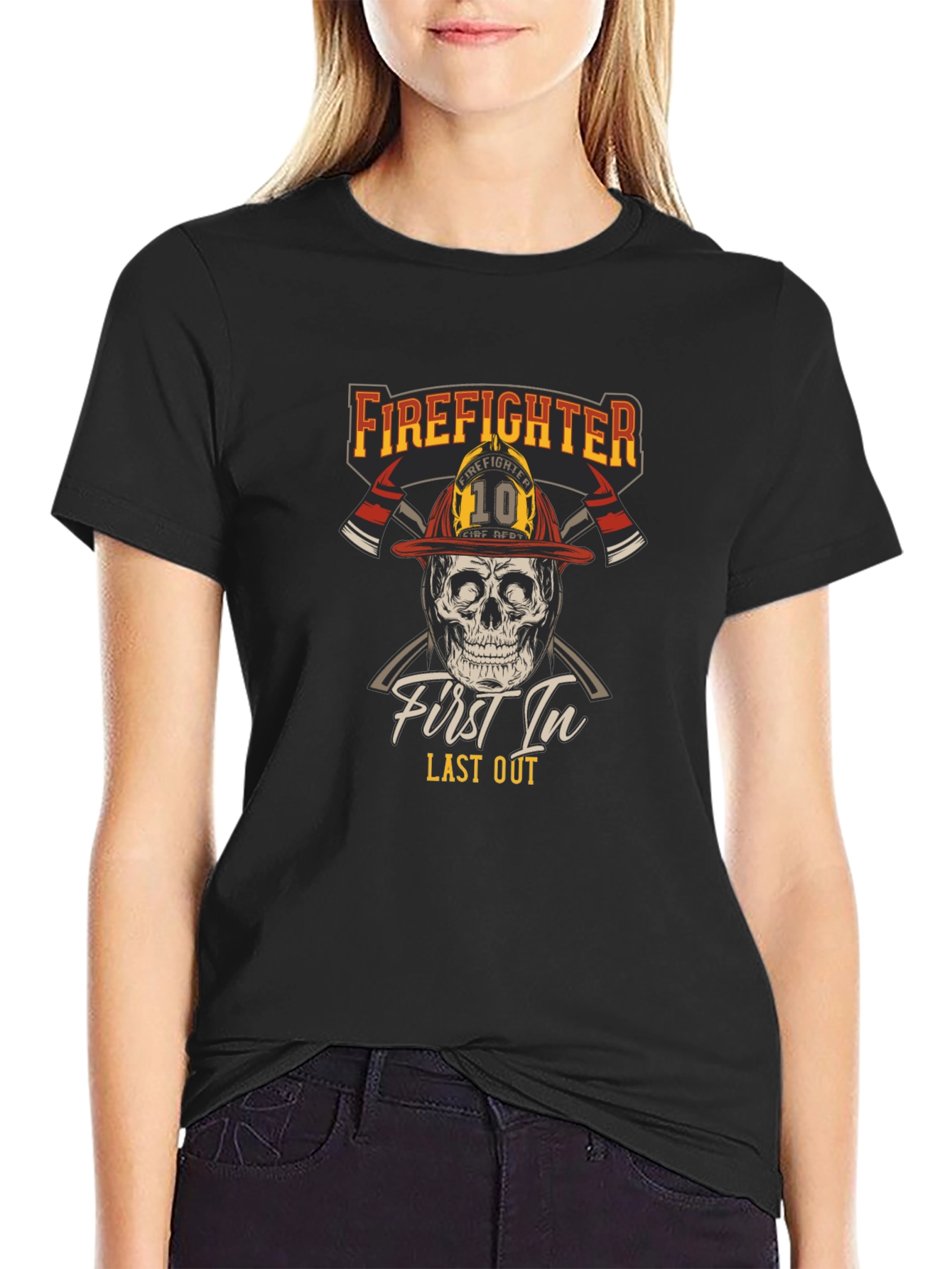 Black Firefighter Skull T-Shirt - First In Last Out Graphic Tee view 2