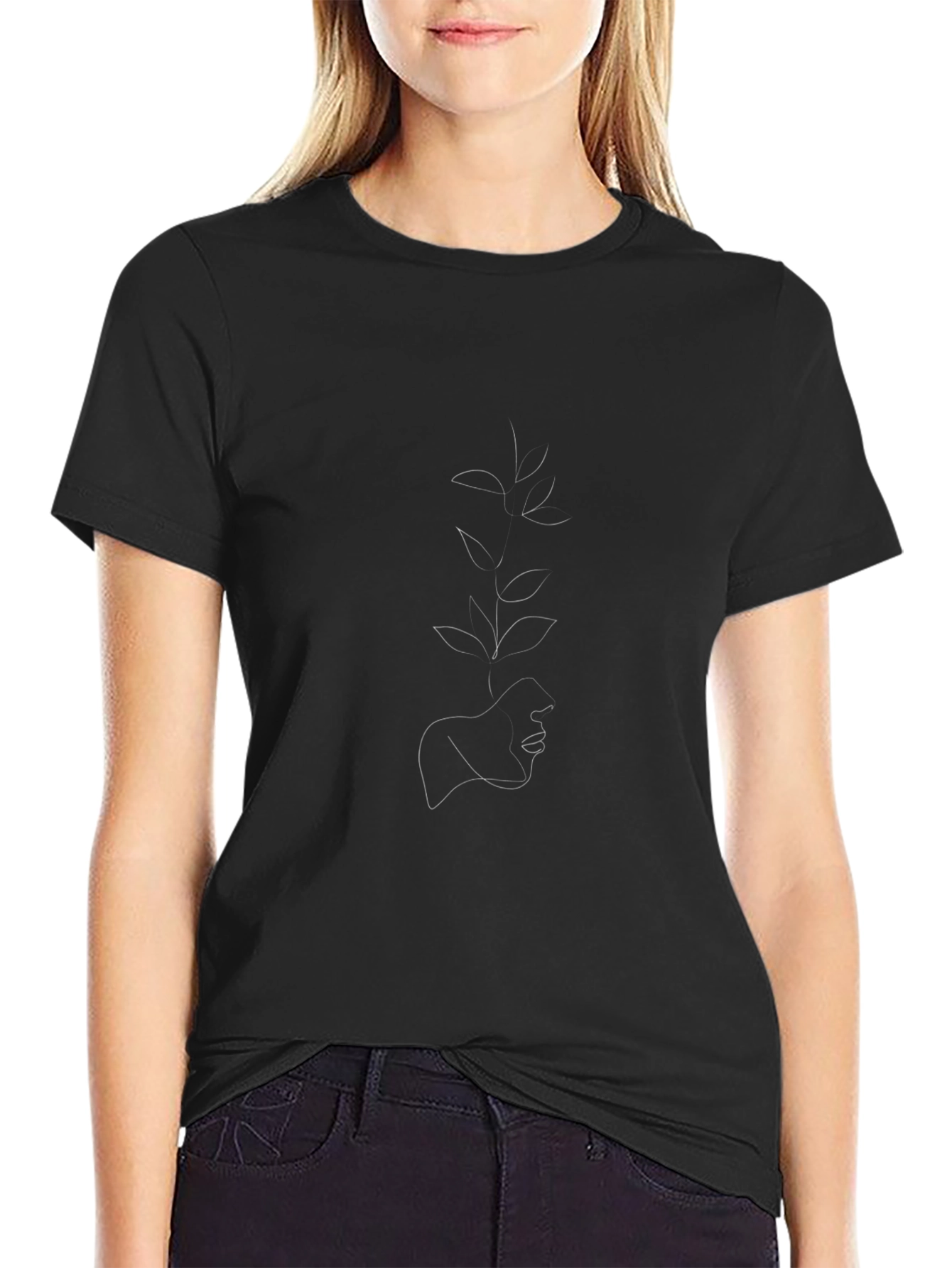Black Minimalist Face & Foliage Black T-Shirt view 2