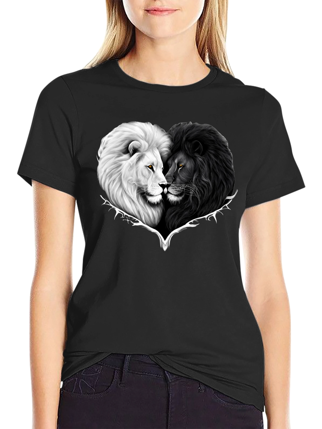 Black Yin Yang Lions Heart Graphic Tee - Black view 2
