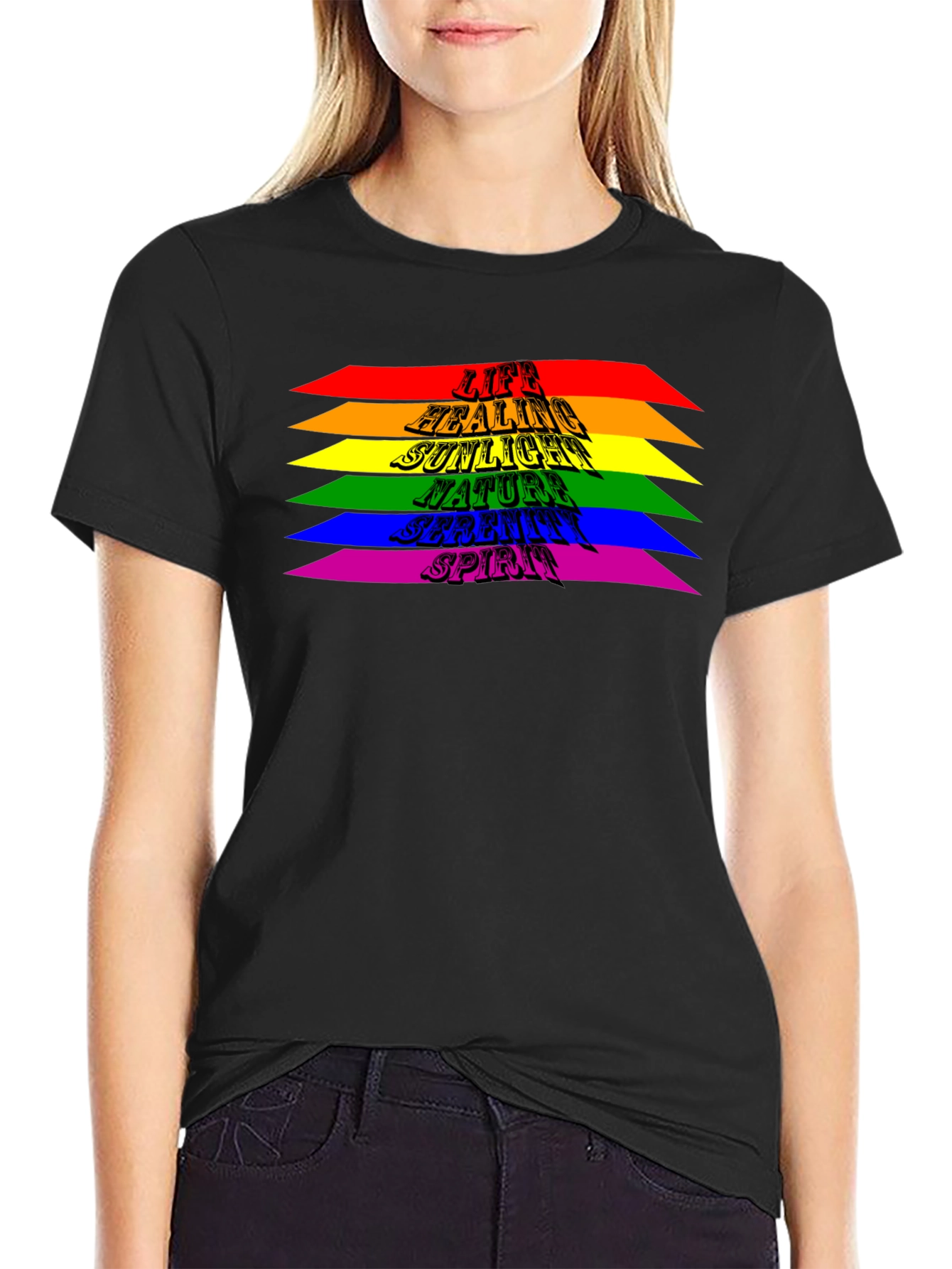 Black Rainbow Stripe T-Shirt - Life Healing Sunlight Spirit view 2