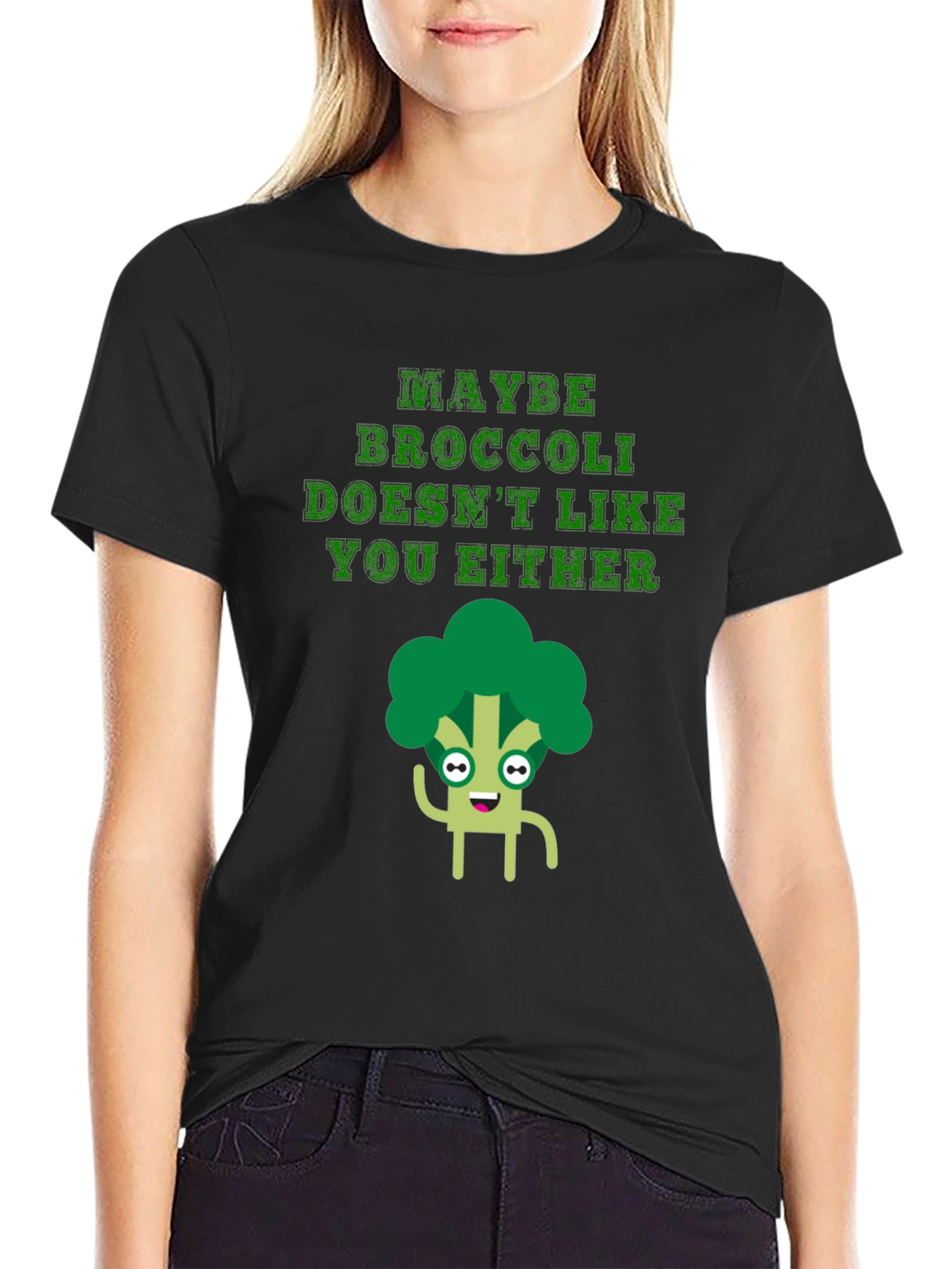 Black Funny Broccoli T-Shirt - Maybe Broccoli Doesn't Like You Either view 2