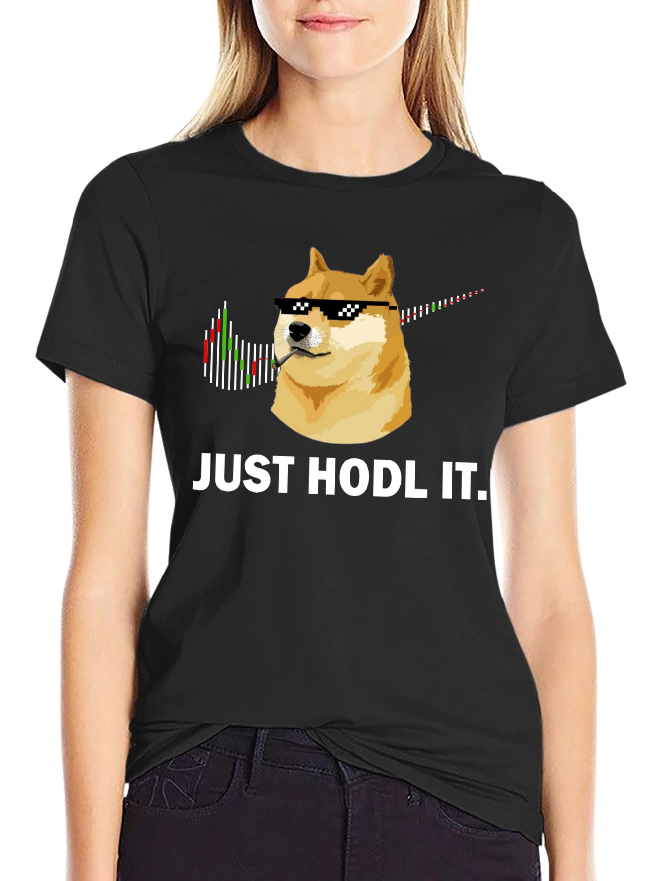 Black Just Hodl It T-Shirt: Crypto Doge Meme Tee view 2