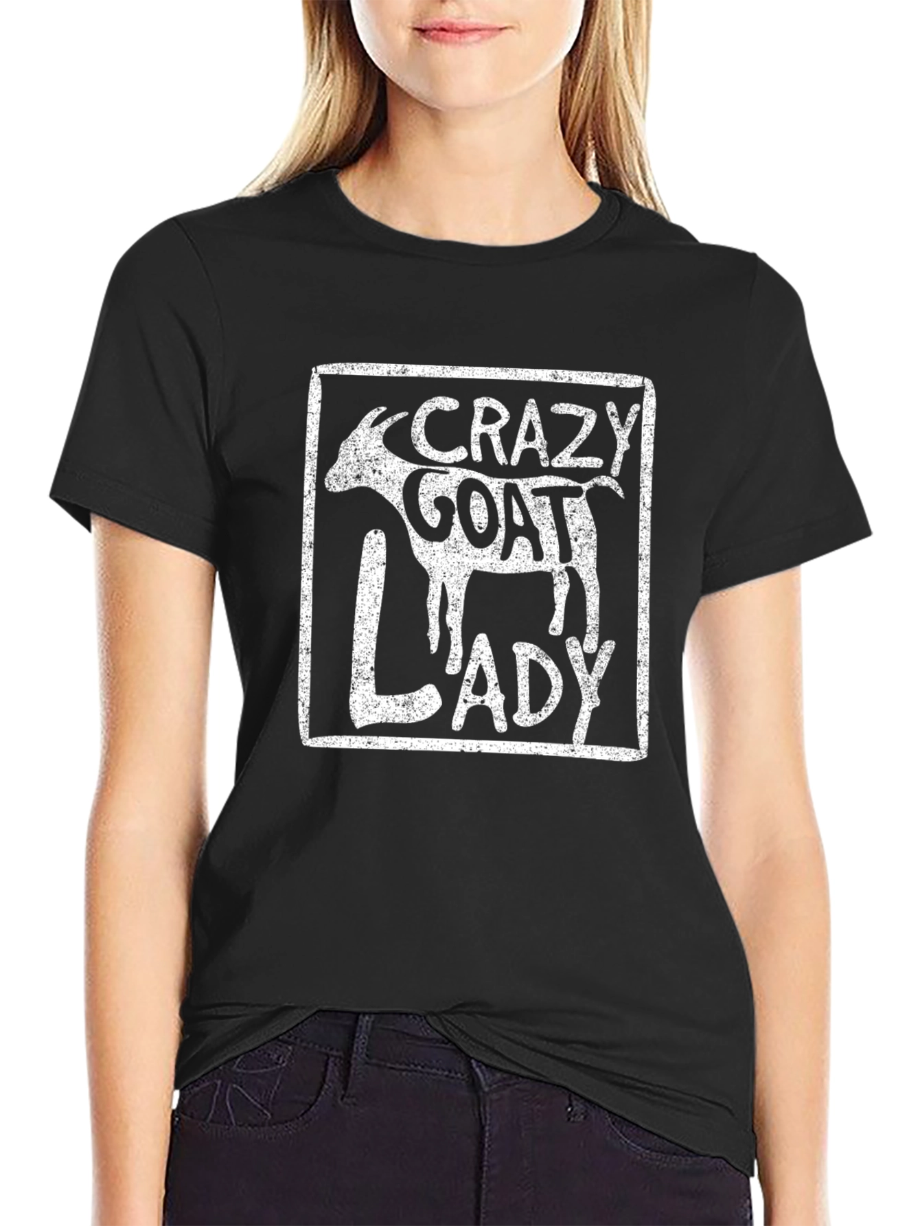 Black Crazy Goat Lady Graphic Tee - Black Cotton T-Shirt view 2