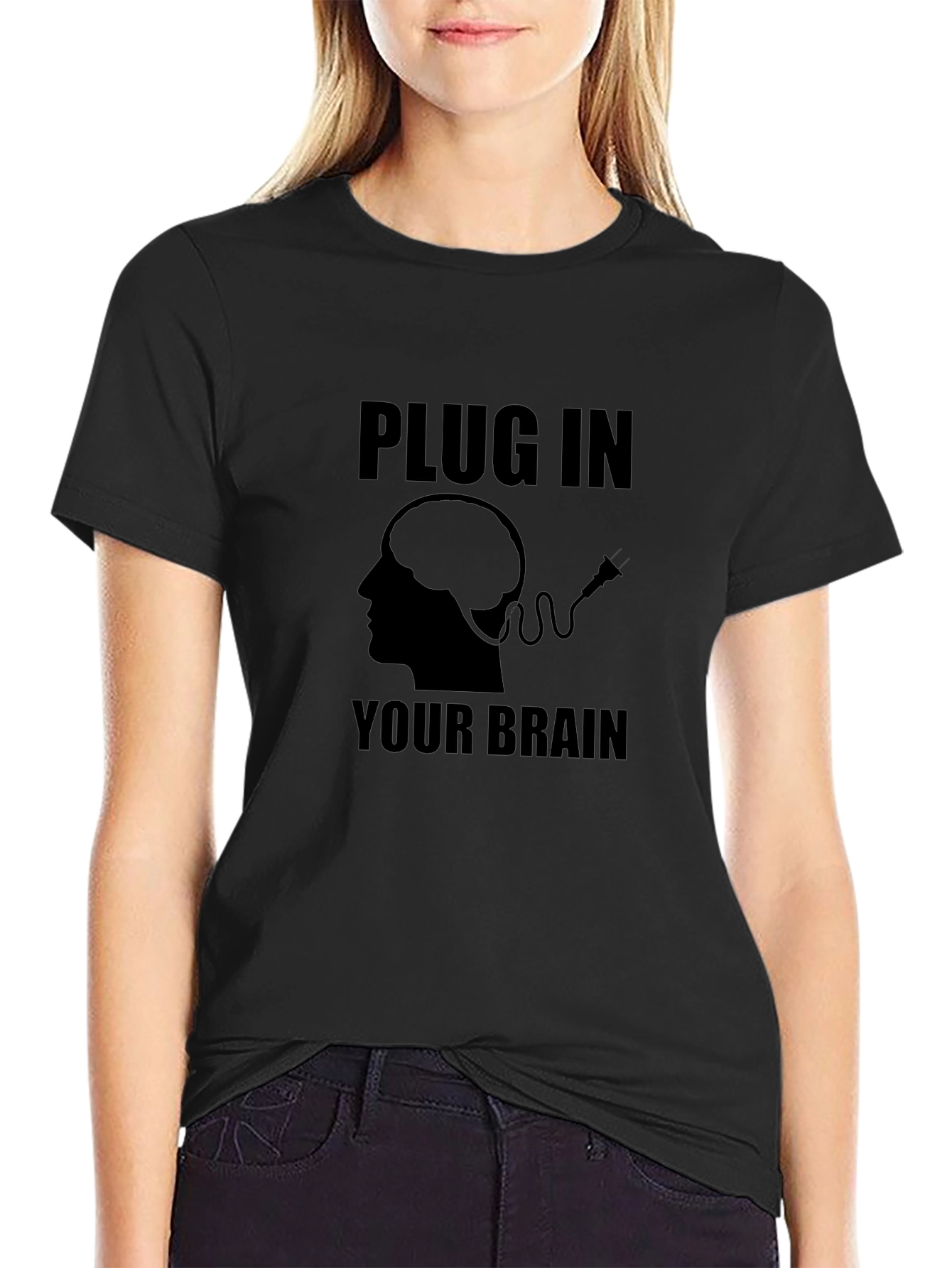 Black Plug In Your Brain T-Shirt - Smart & Funny Tee view 2