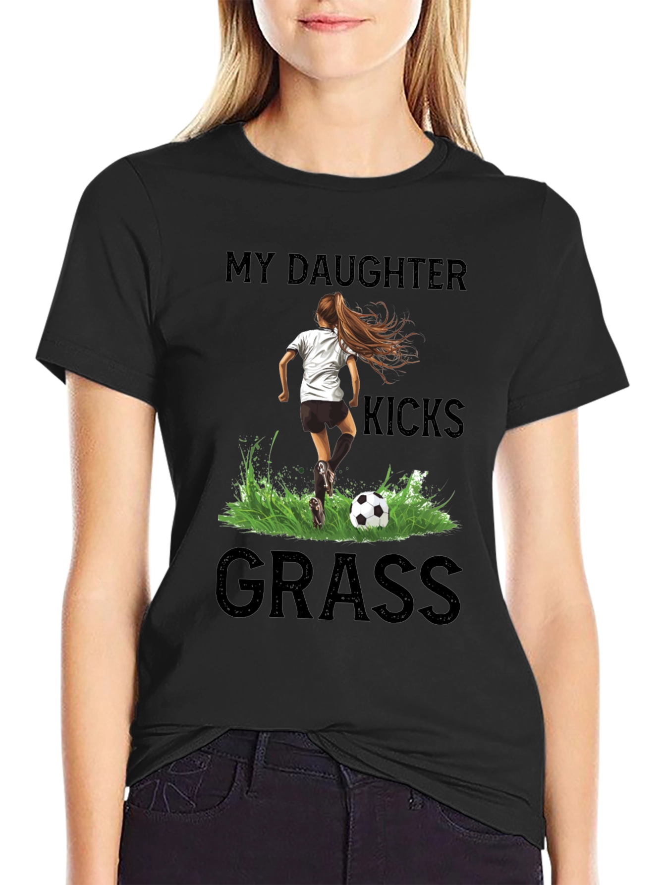 Black My Daughter Kicks Grass Soccer T-Shirt view 2