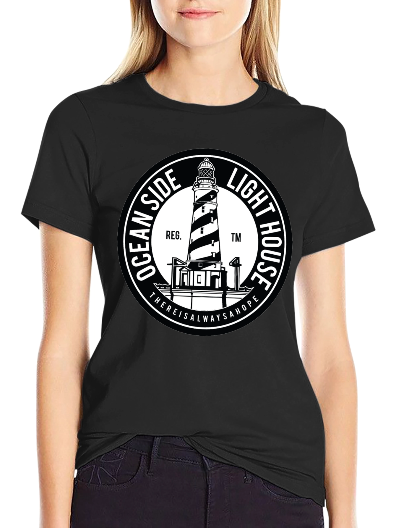Black Oceanside Lighthouse T-Shirt - Black Graphic Tee view 2