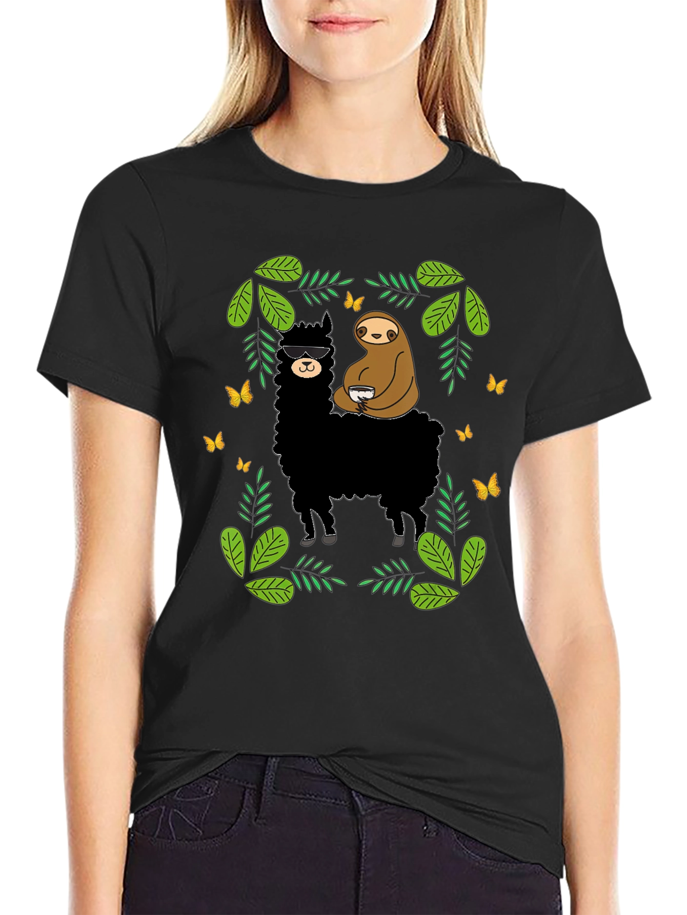 Black Llama & Sloth Graphic Tee - Black Cotton view 2