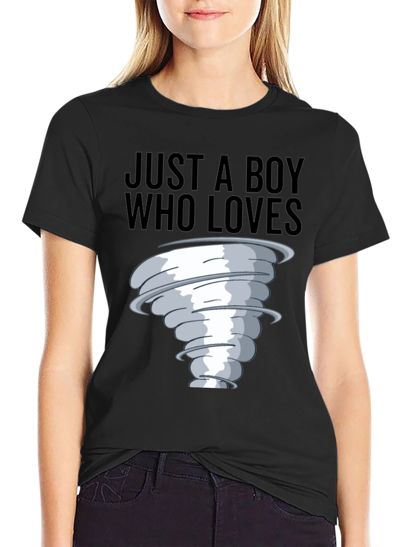 Black Boy Who Loves Tornado T-Shirt, Black Cotton Tee view 2