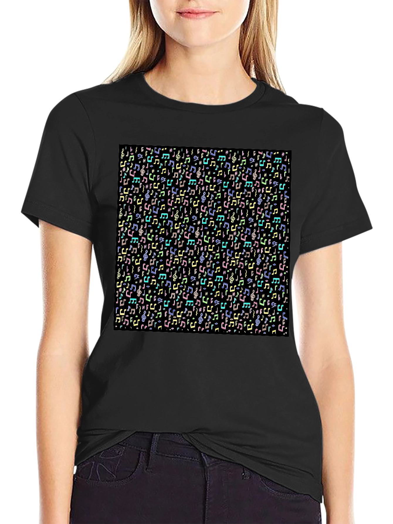 Black Musical Notes Pattern T-Shirt - Black view 2