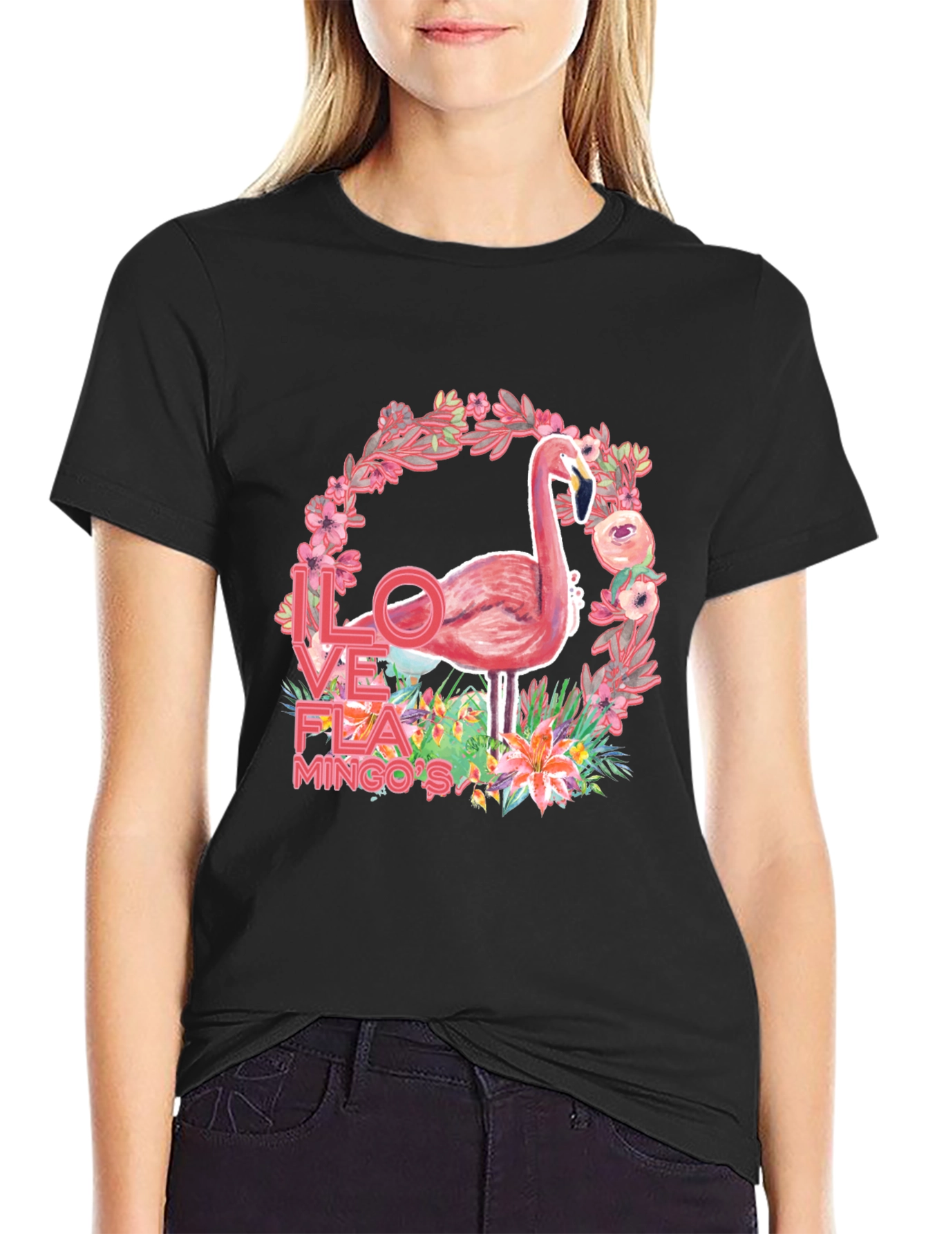 Black I Love Flamingos Graphic T-Shirt view 2