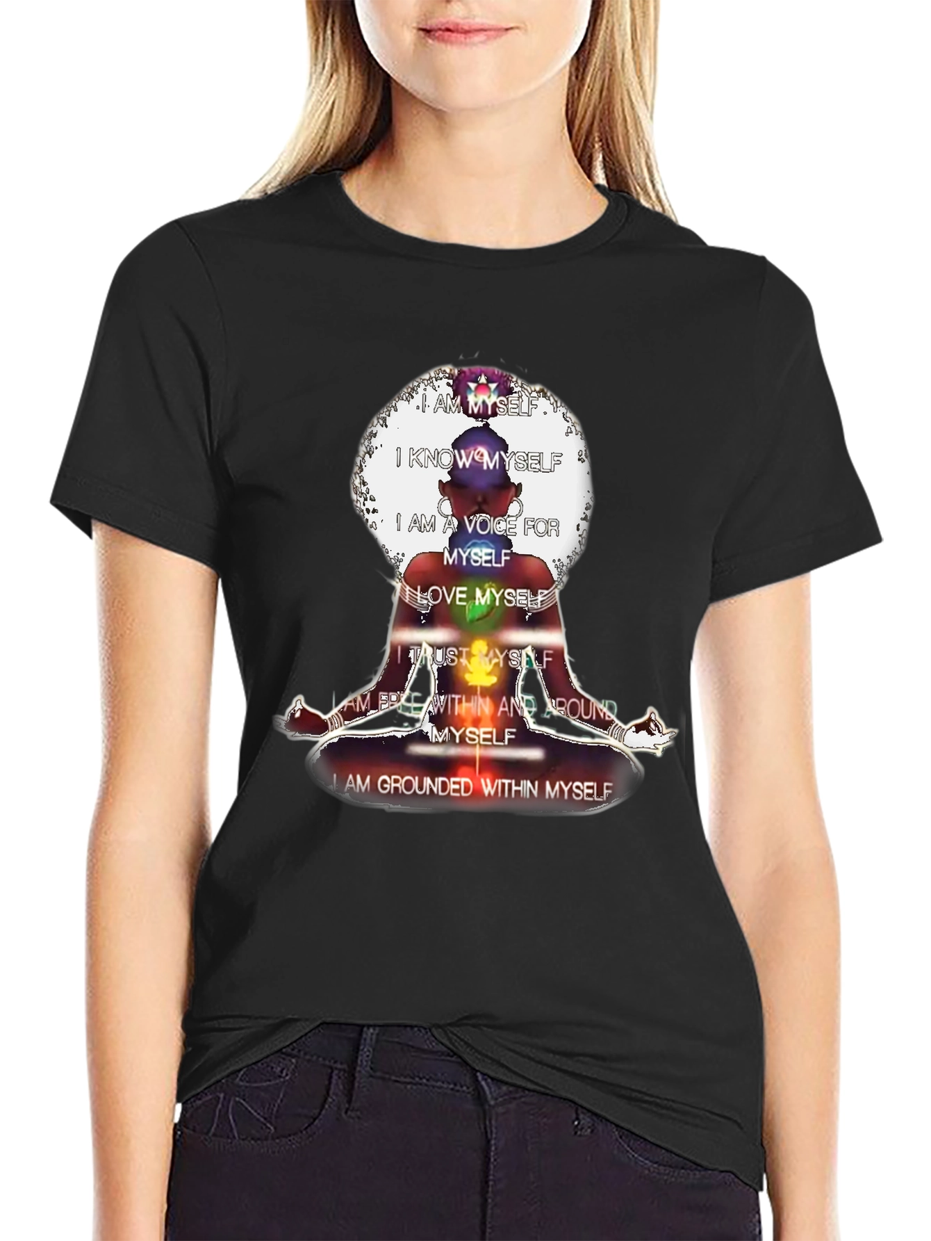 Black Affirmation T-Shirt - Chakra Meditation Design view 2