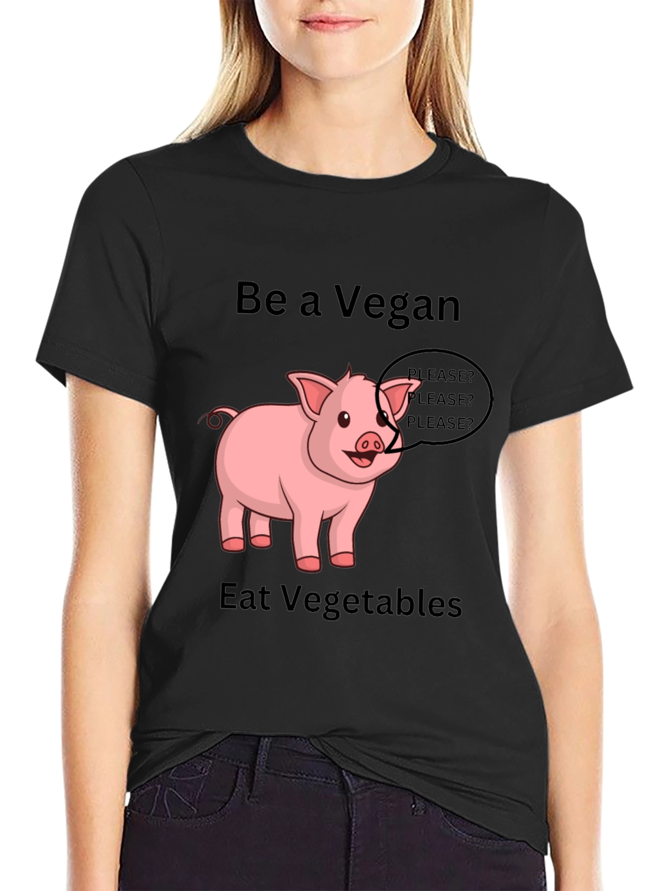Black Vegan Pig Graphic Tee - Eat Vegetables view 2