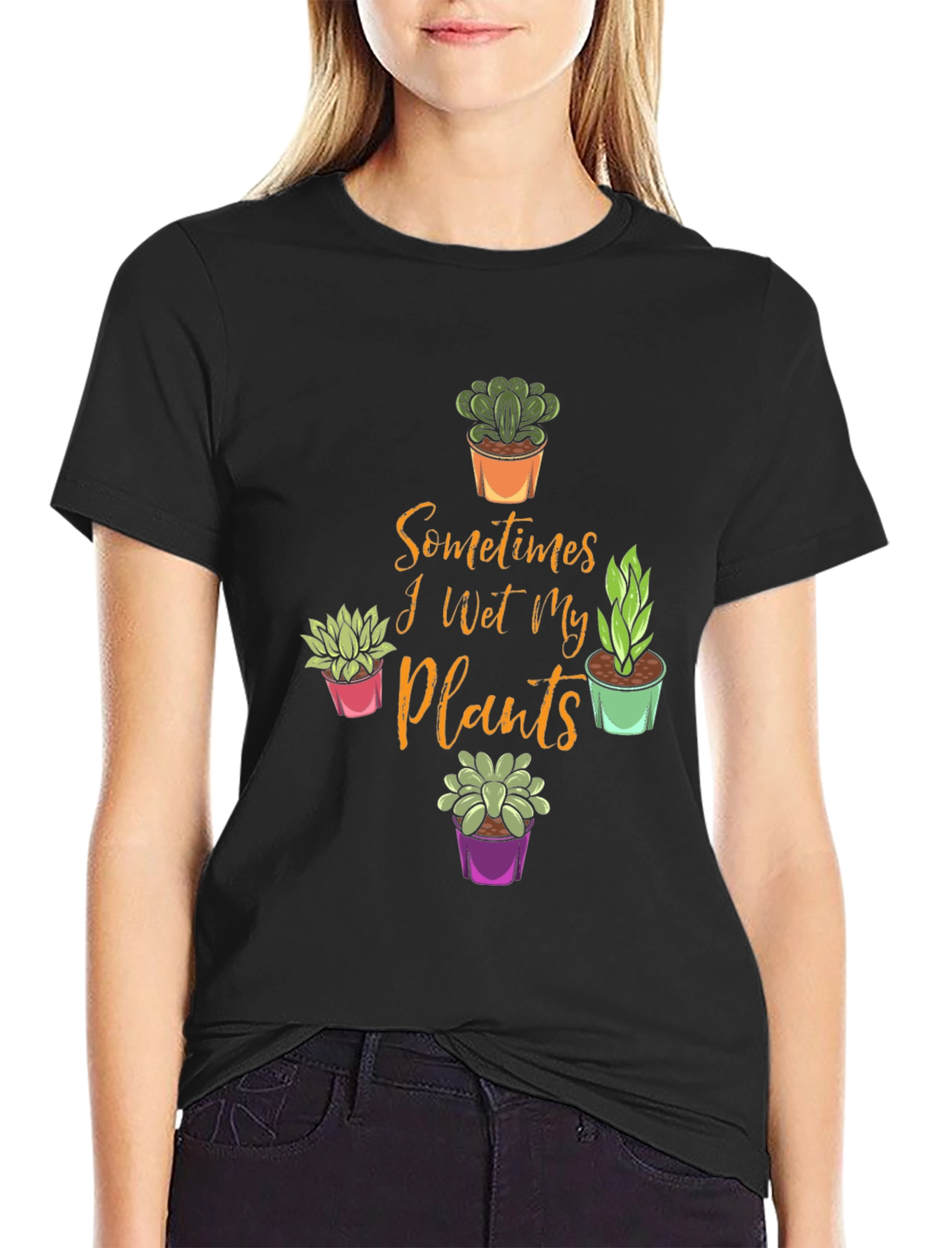 Black Funny Plant Lover T-Shirt - Sometimes I Wet My Plants view 2